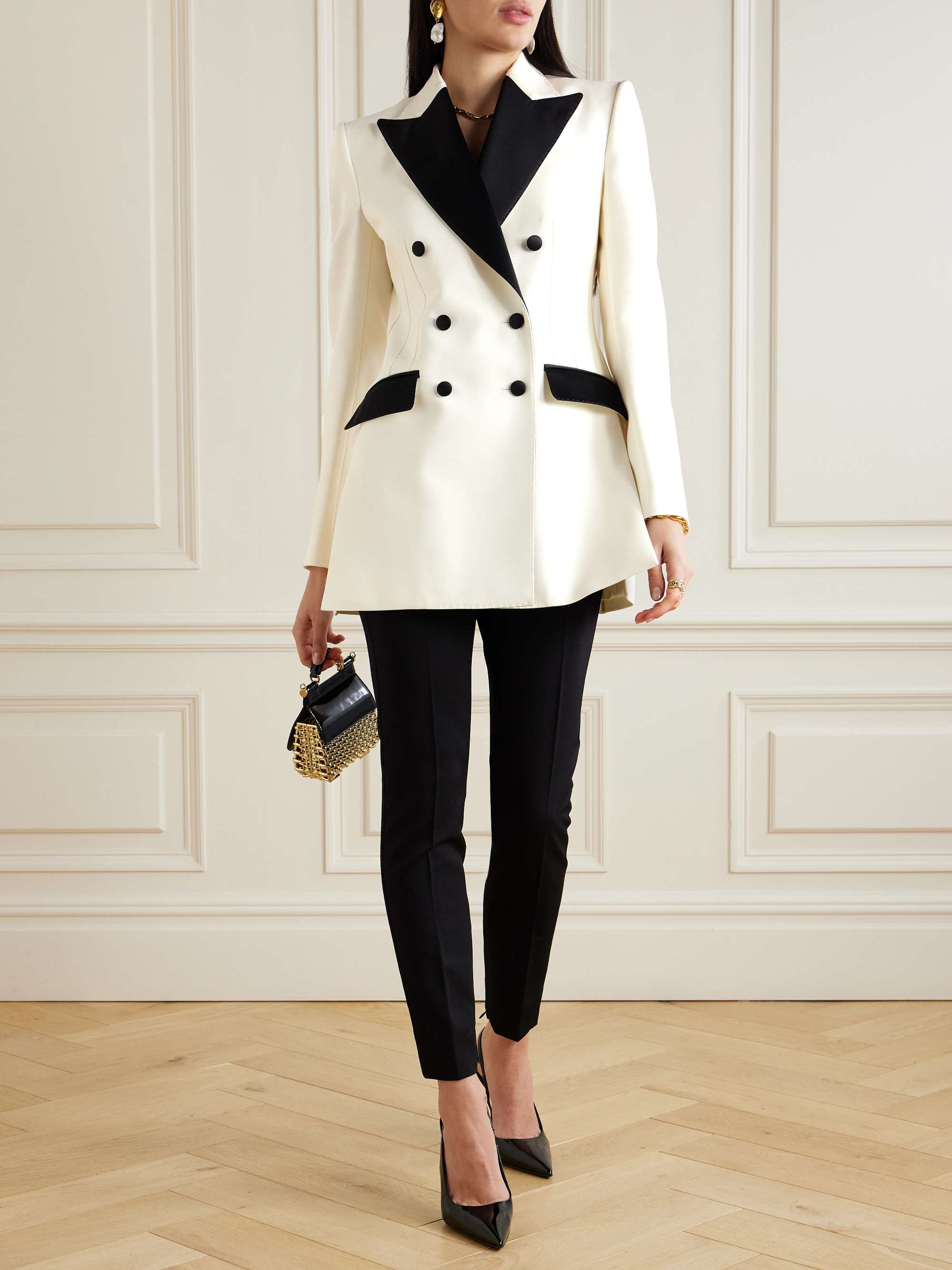 Double-breasted silk satin-trimmed wool-blend blazer view