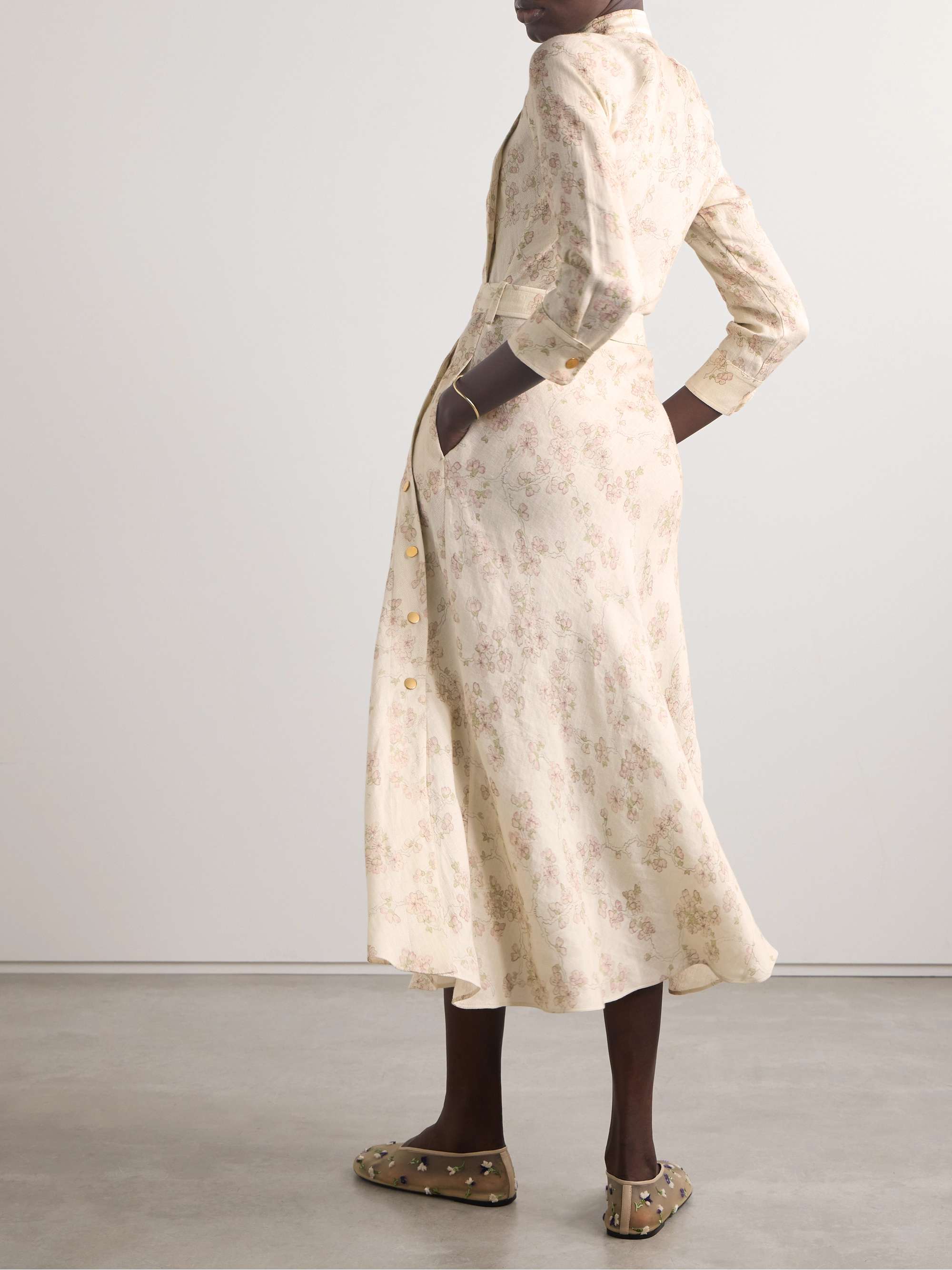 Belted floral-print linen and cotton-blend midi dress view