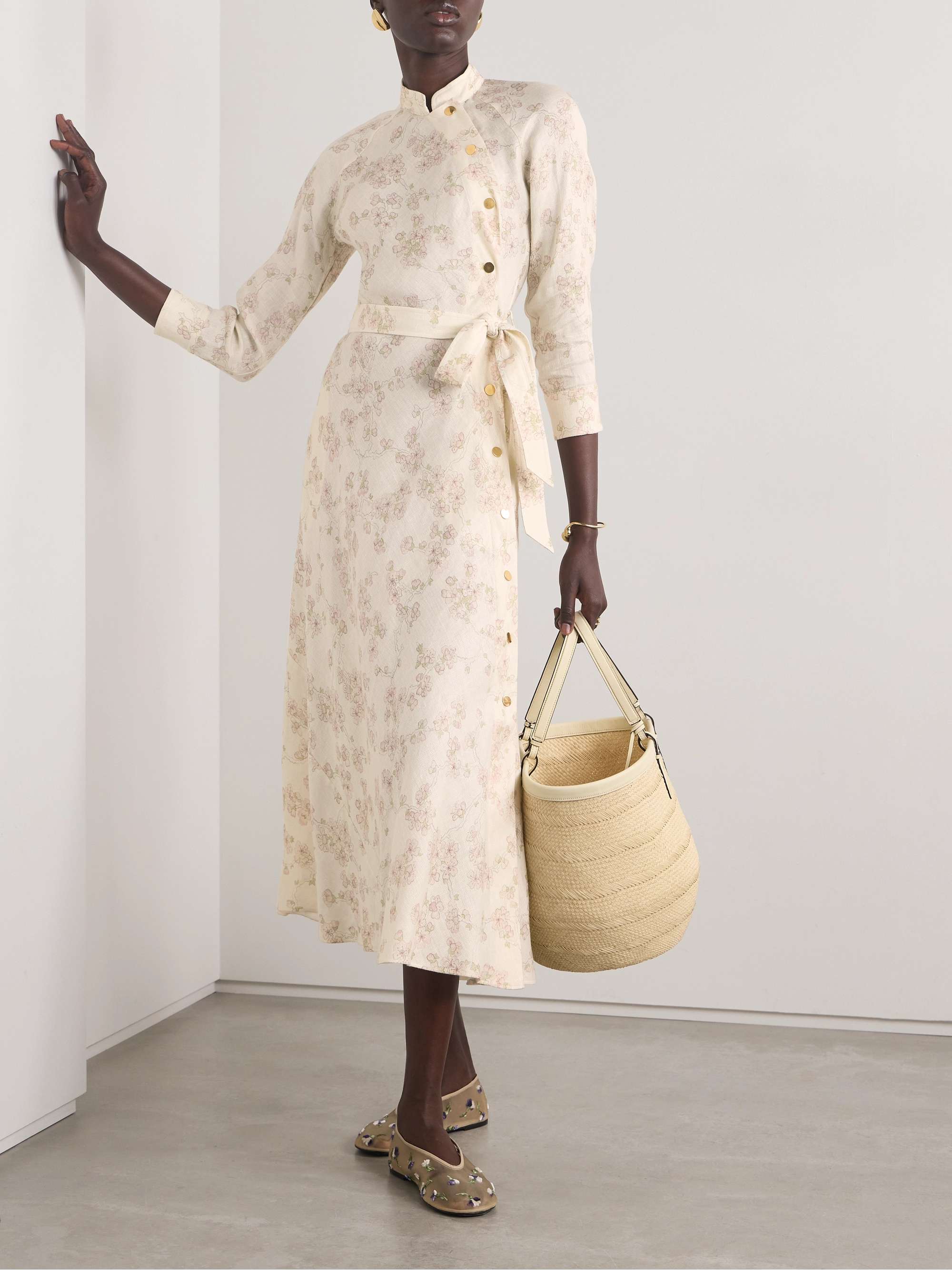 Belted floral-print linen and cotton-blend midi dress view