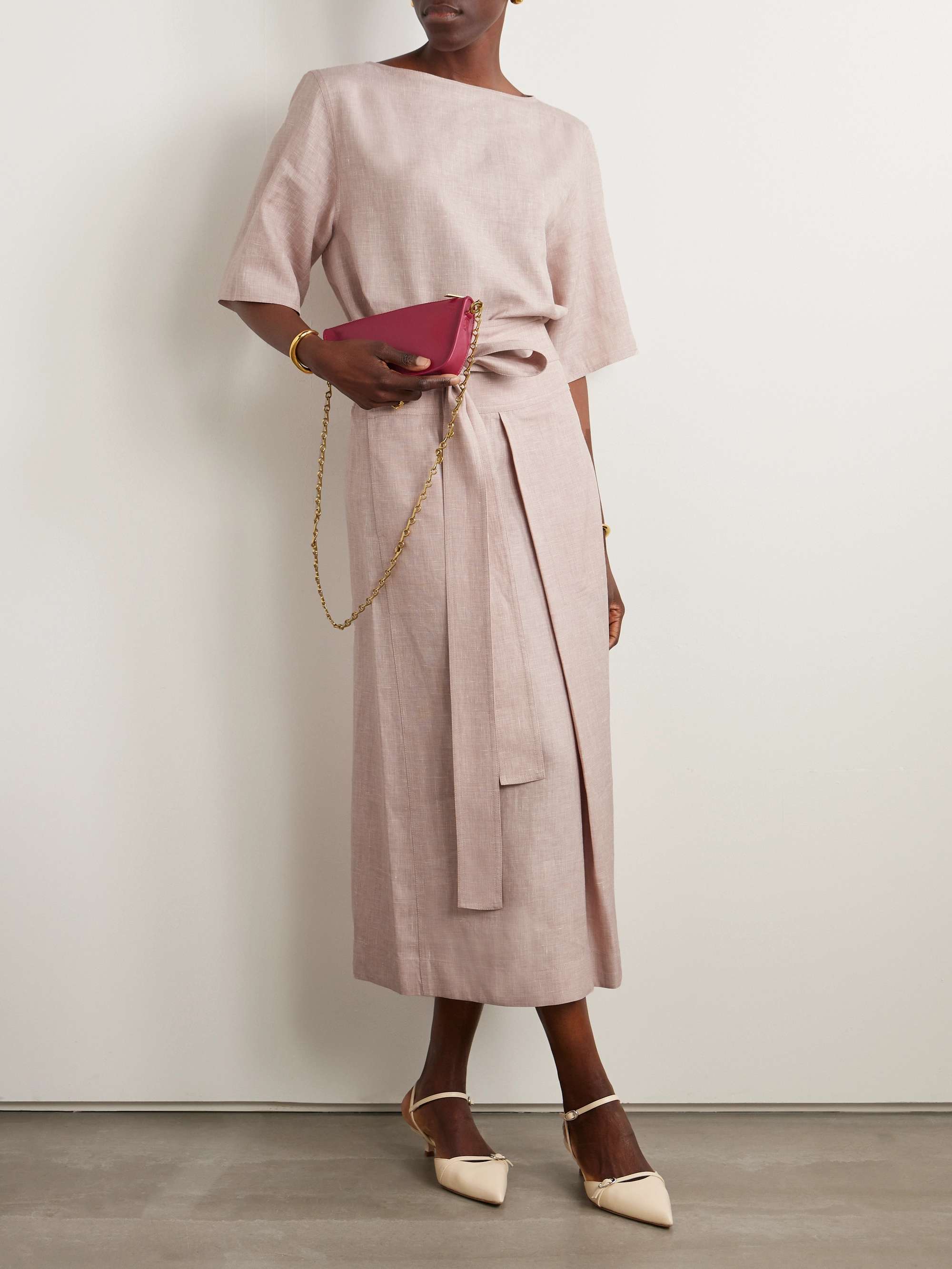 Belted linen, wool and silk-blend midi skirt view