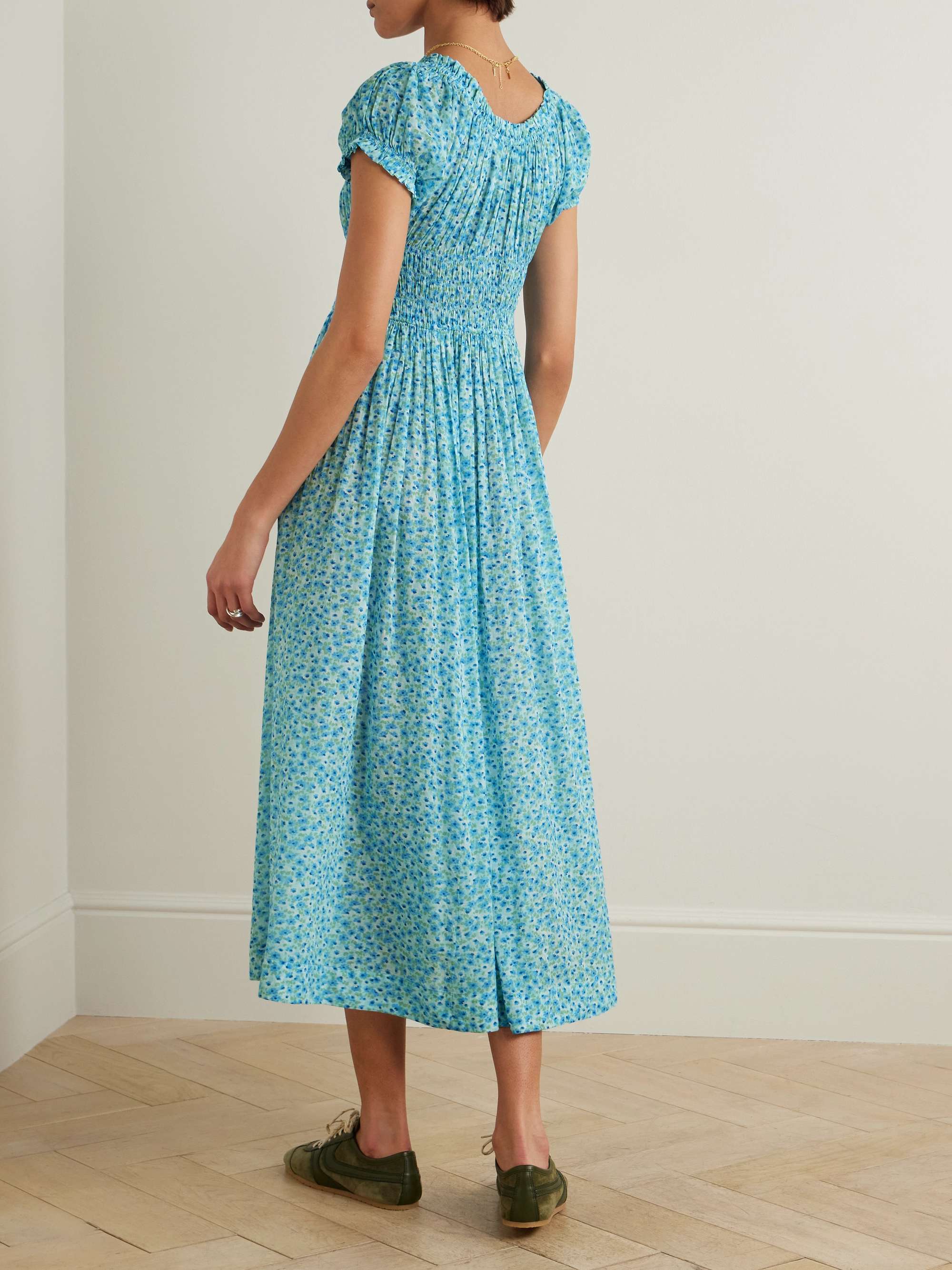 Ashlynn tie-detailed floral-print shirred organic cotton-voile midi dress view