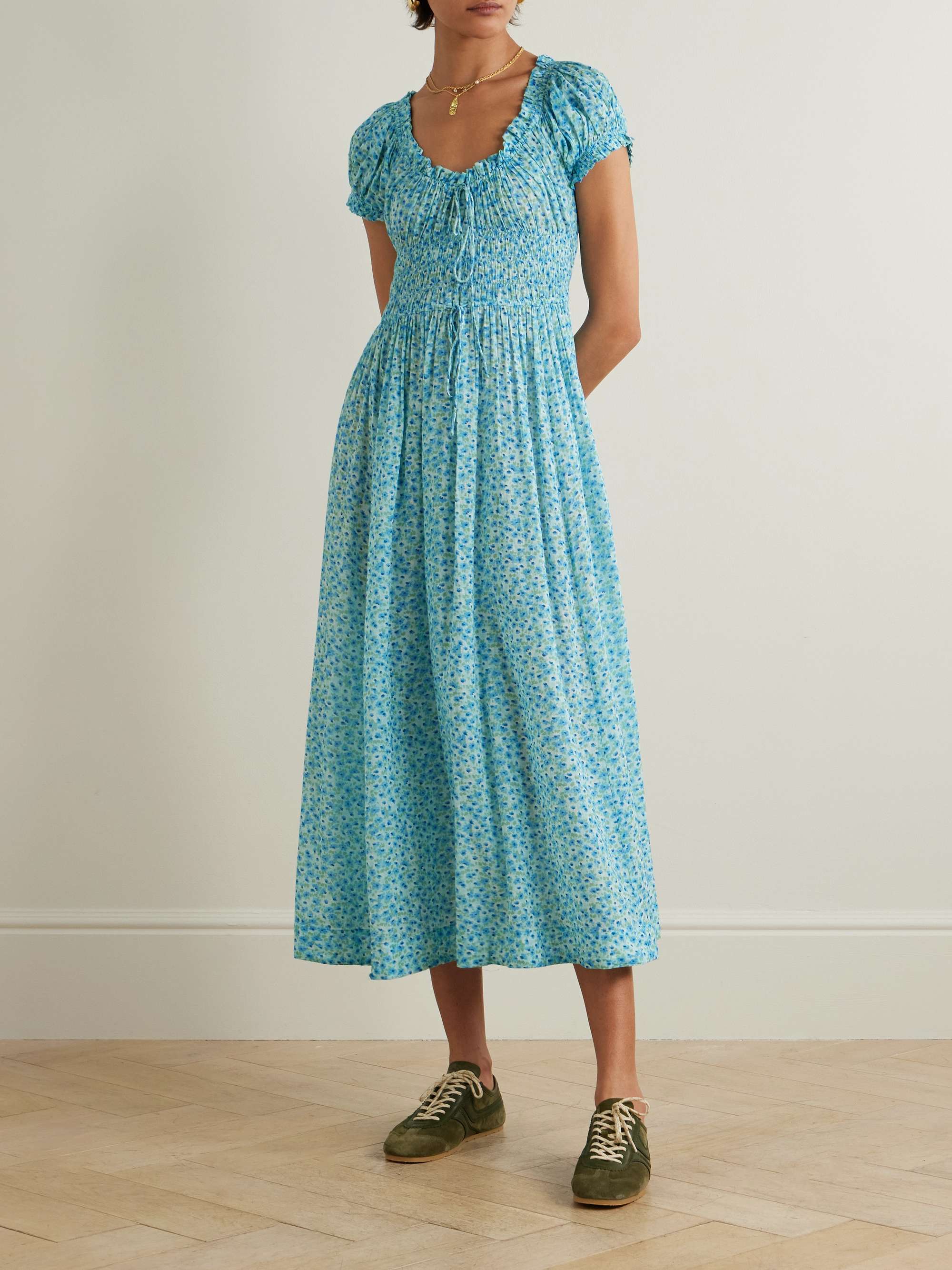 Ashlynn tie-detailed floral-print shirred organic cotton-voile midi dress view