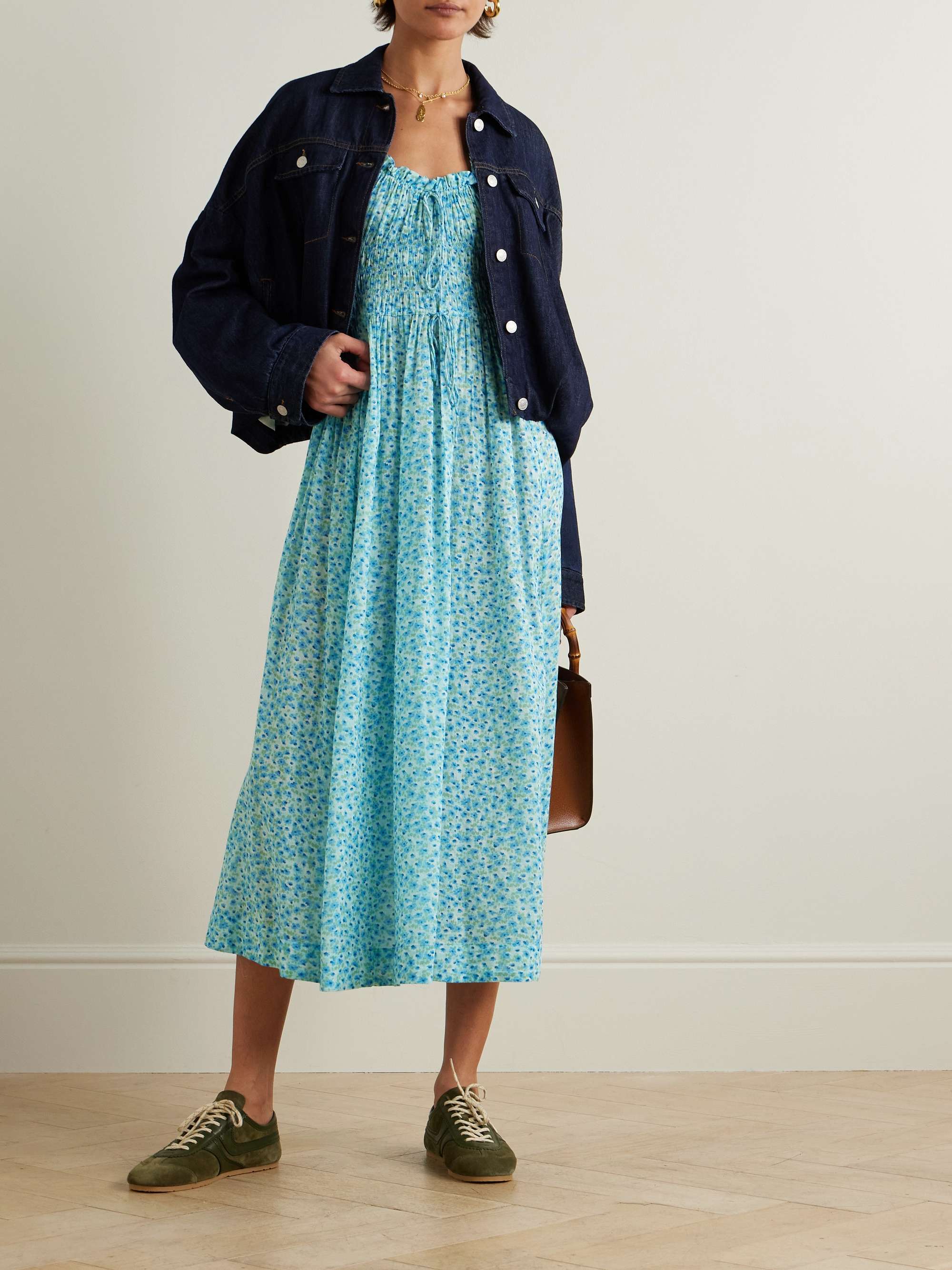 Ashlynn tie-detailed floral-print shirred organic cotton-voile midi dress view