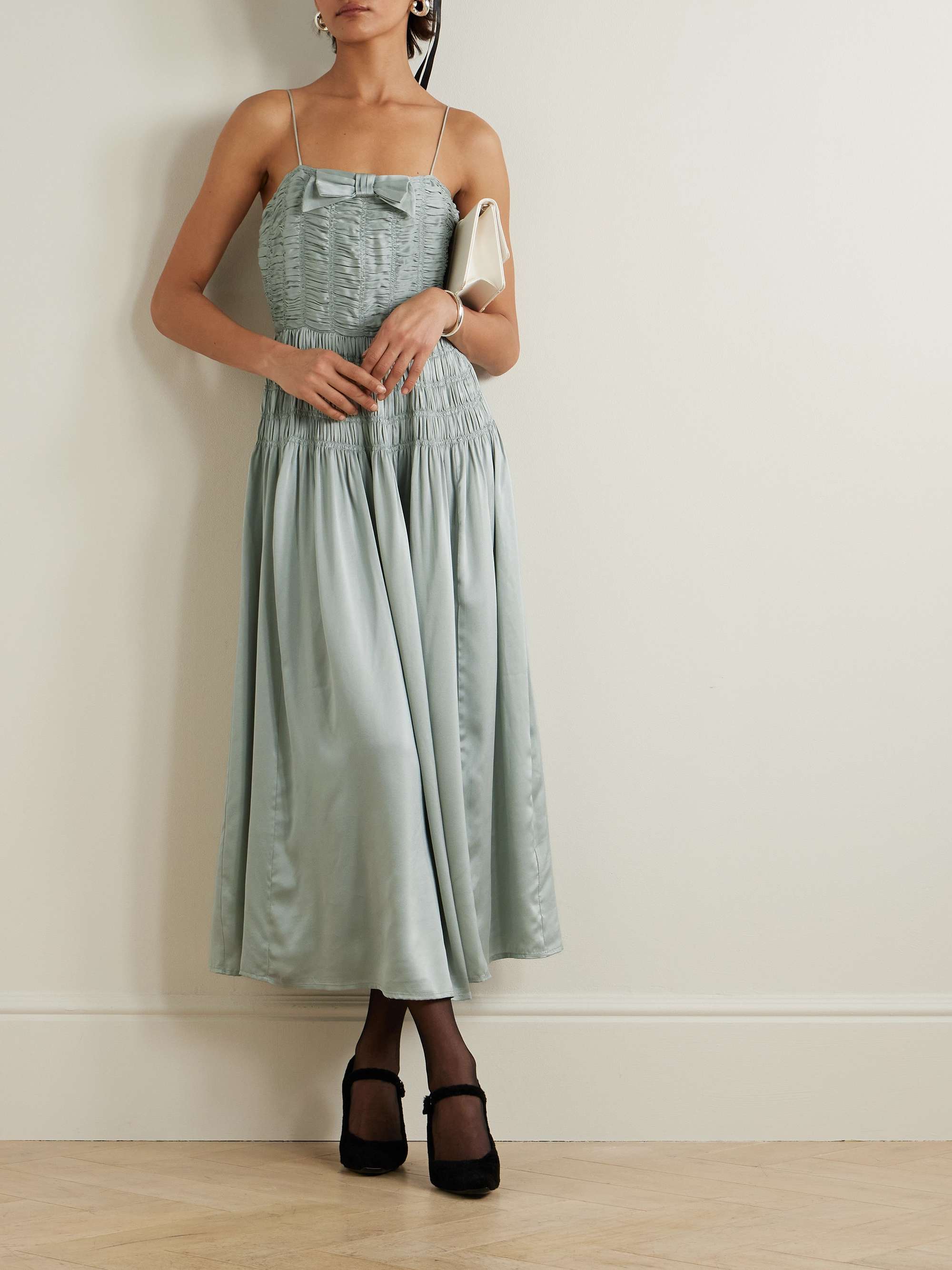 Ambrosia bow-detailed shirred silk-satin midi dress view