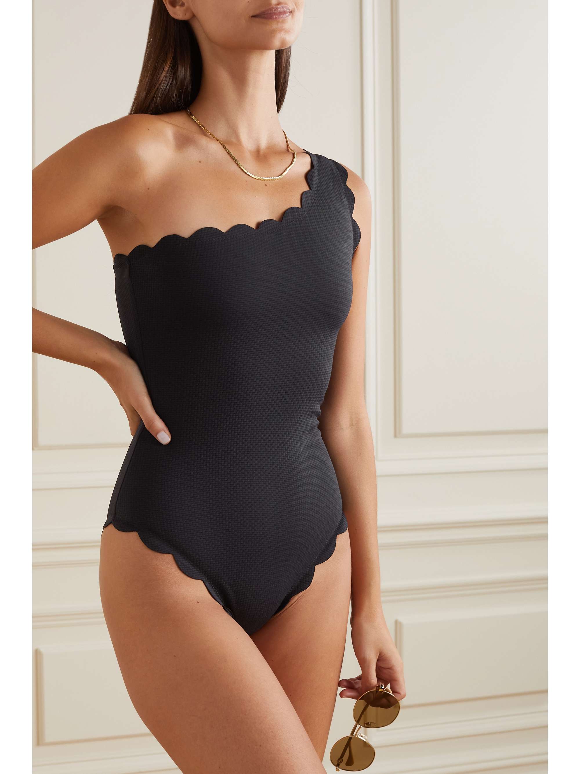 Santa Barbara one-shoulder scalloped recycled-seersucker swimsuit view