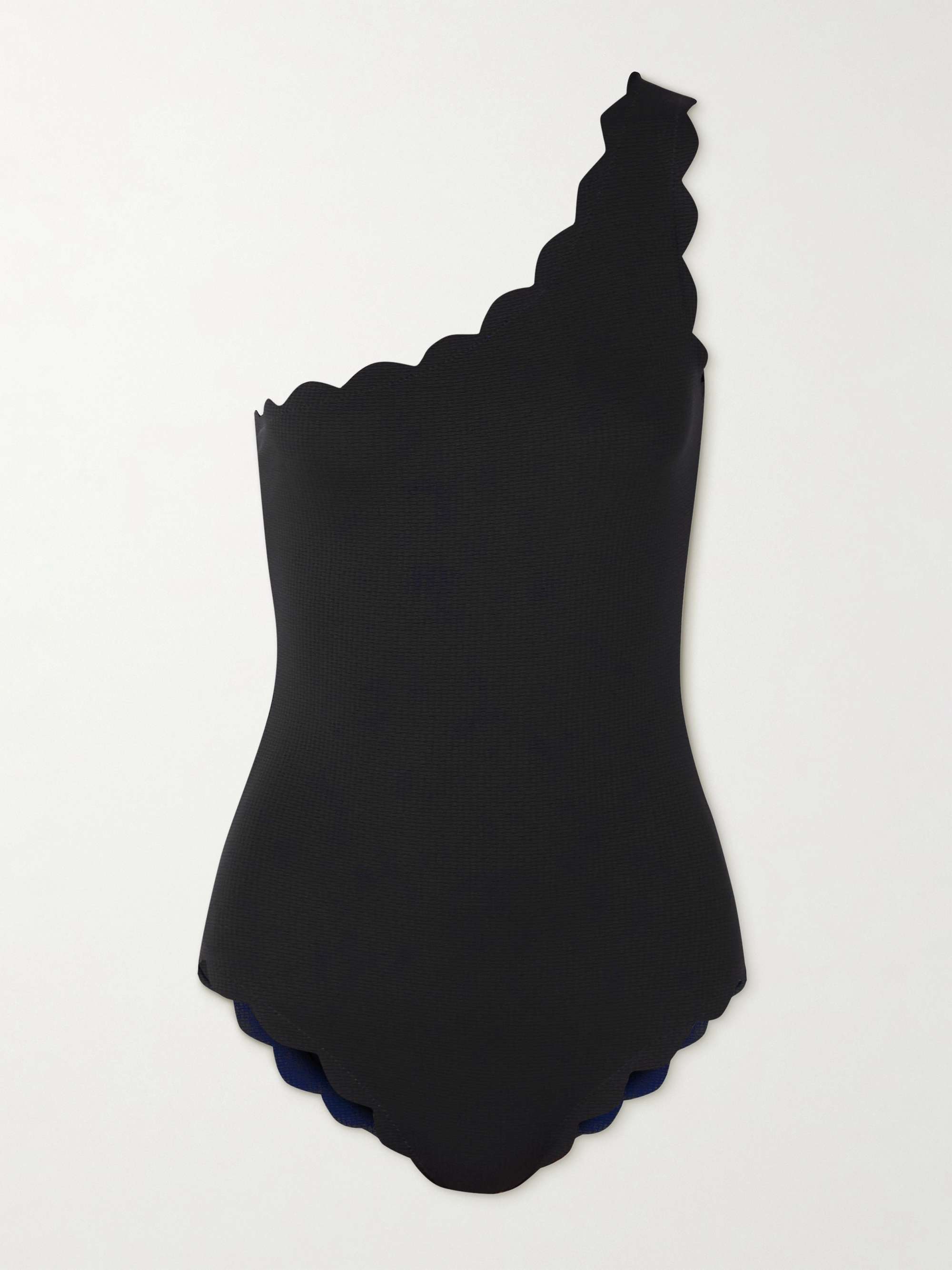 Santa Barbara one-shoulder scalloped recycled-seersucker swimsuit view