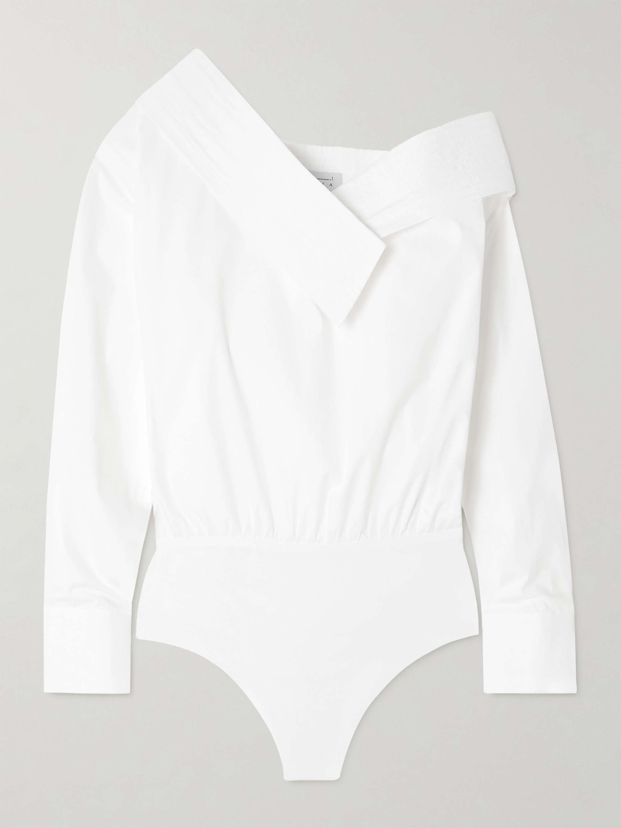 One-shoulder topstitched cotton-blend poplin and jersey bodysuit view