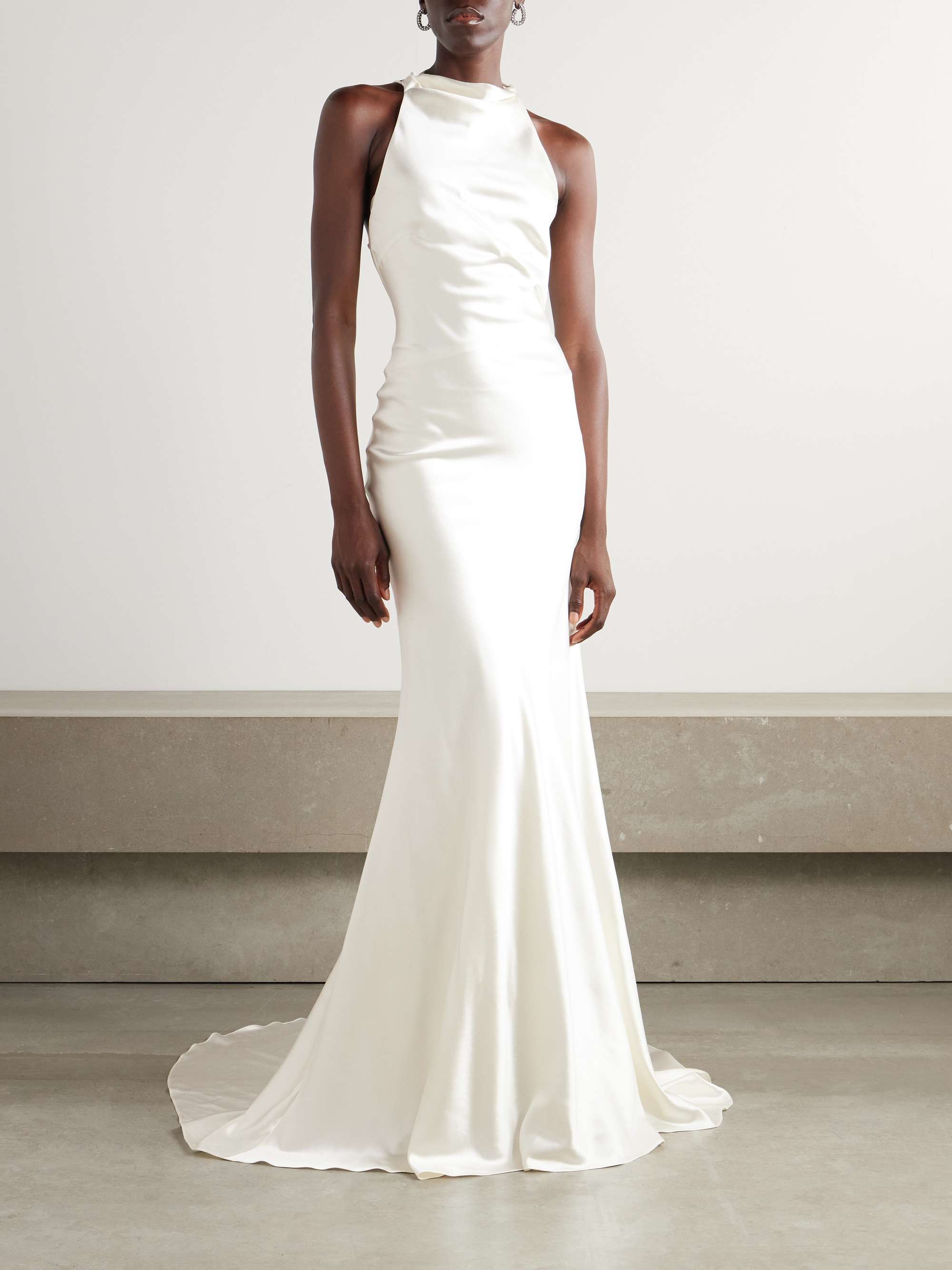 Stella open-back silk and wool-blend satin halterneck gown view