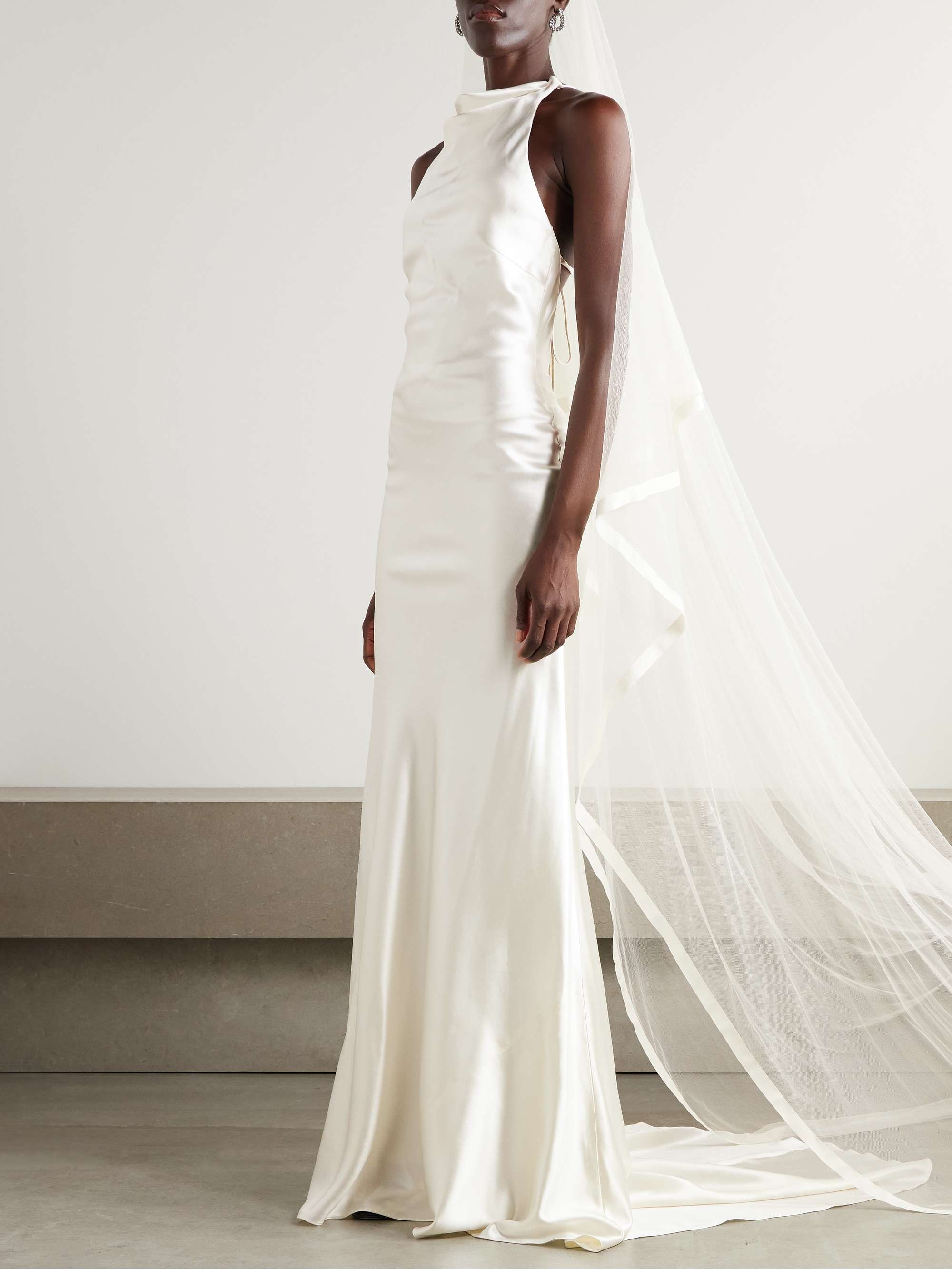 Stella open-back silk and wool-blend satin halterneck gown view