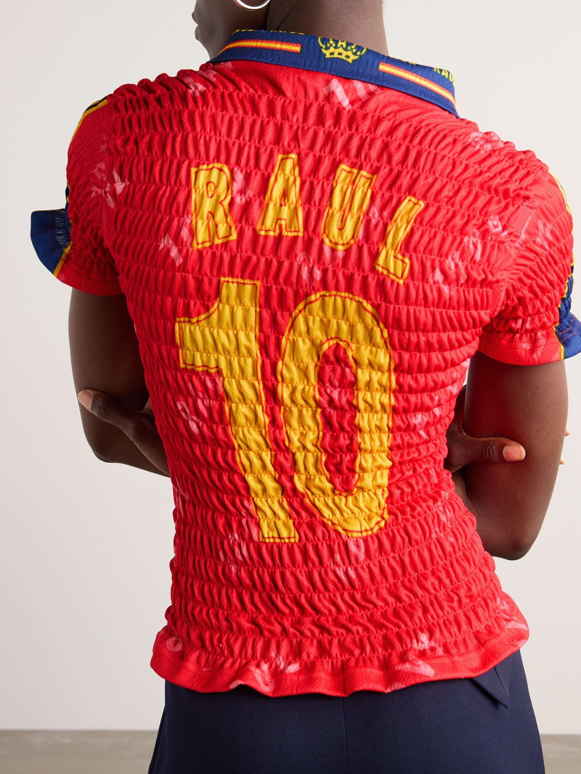 Printed shirred jersey top view
