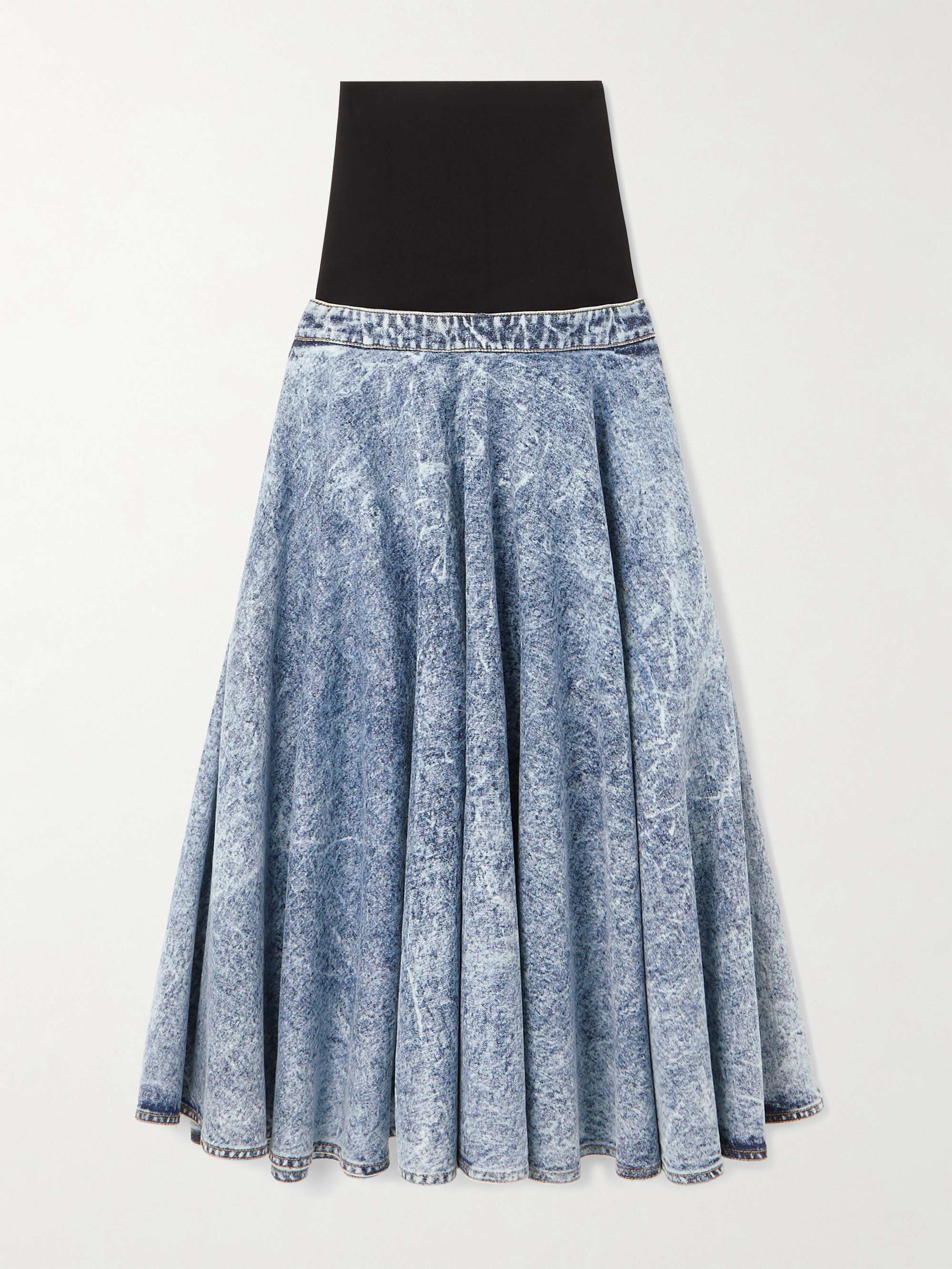 Stretch-knit and pleated denim midi skirt view