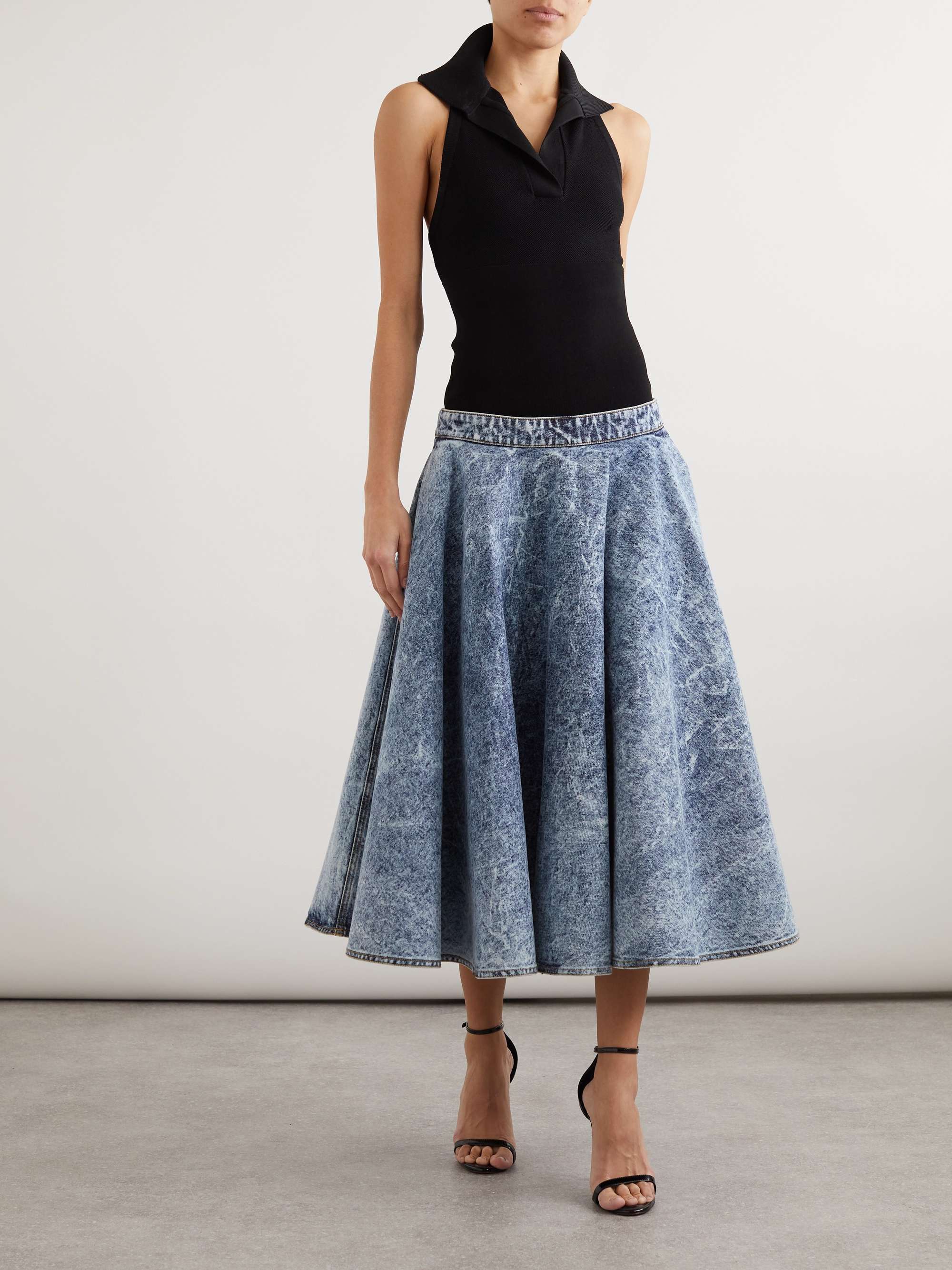 Stretch-knit and pleated denim midi skirt view