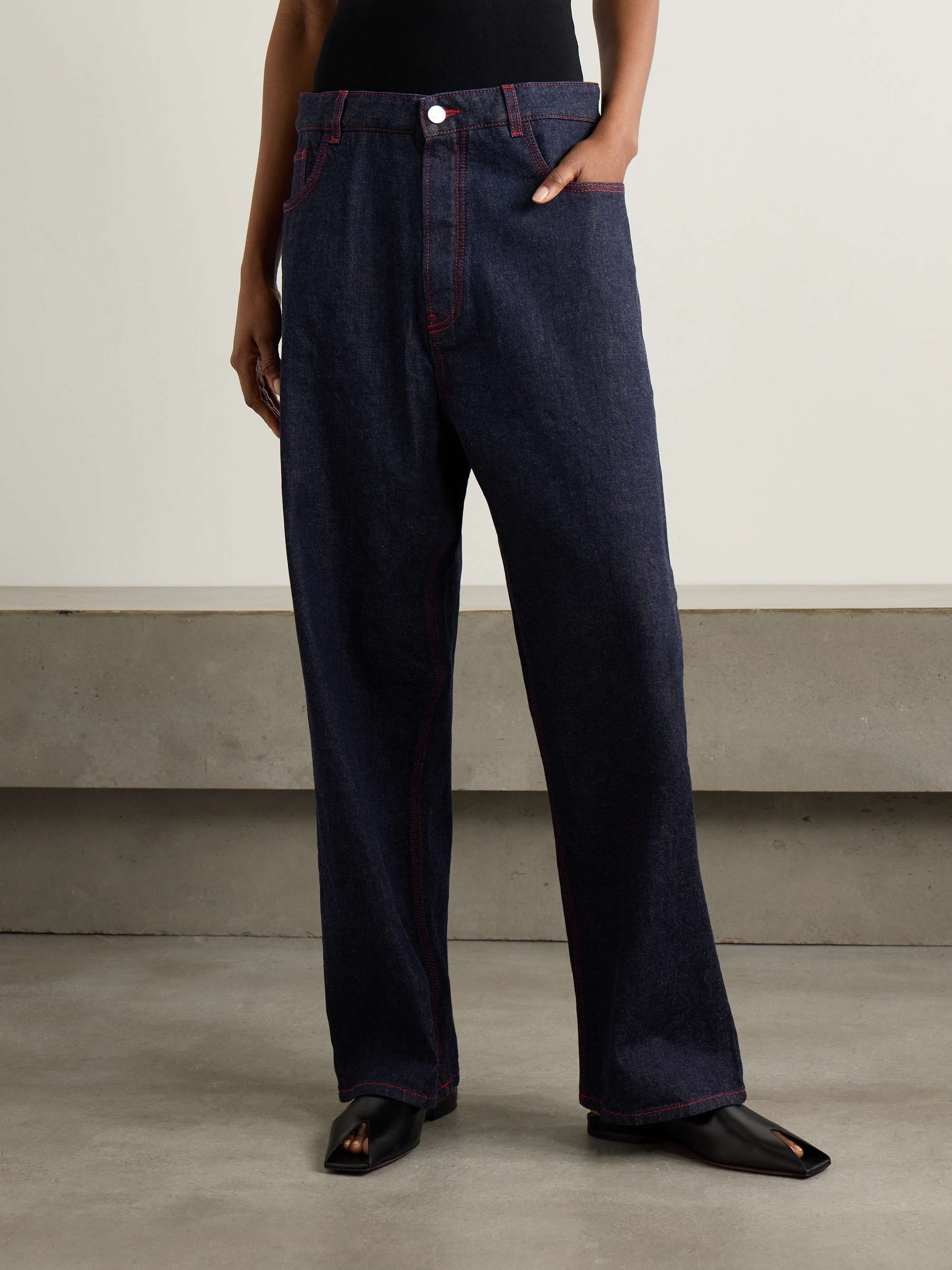 Stretch knit-trimmed jeans view