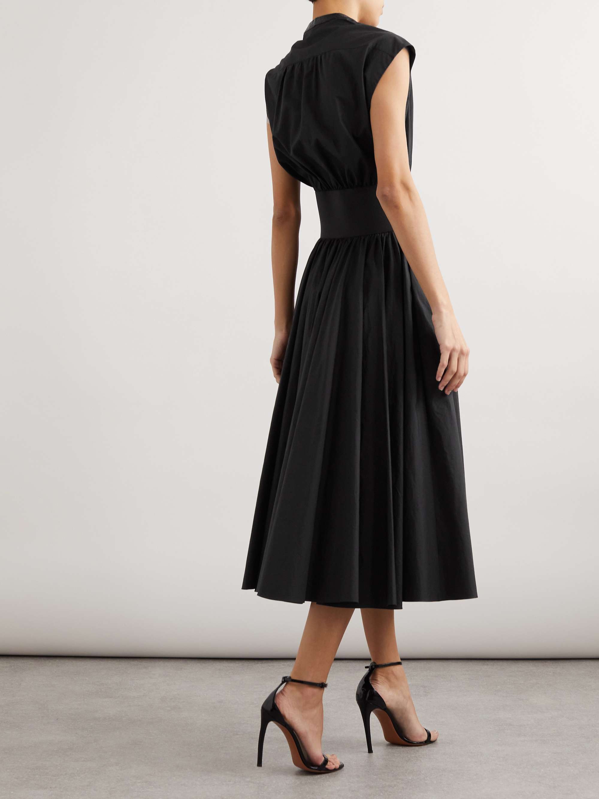 Belted leather-trimmed cotton midi dress view
