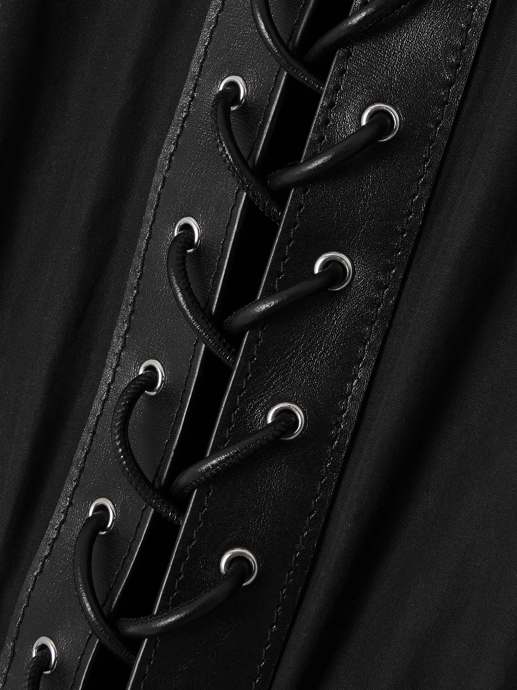 Belted leather-trimmed cotton midi dress view