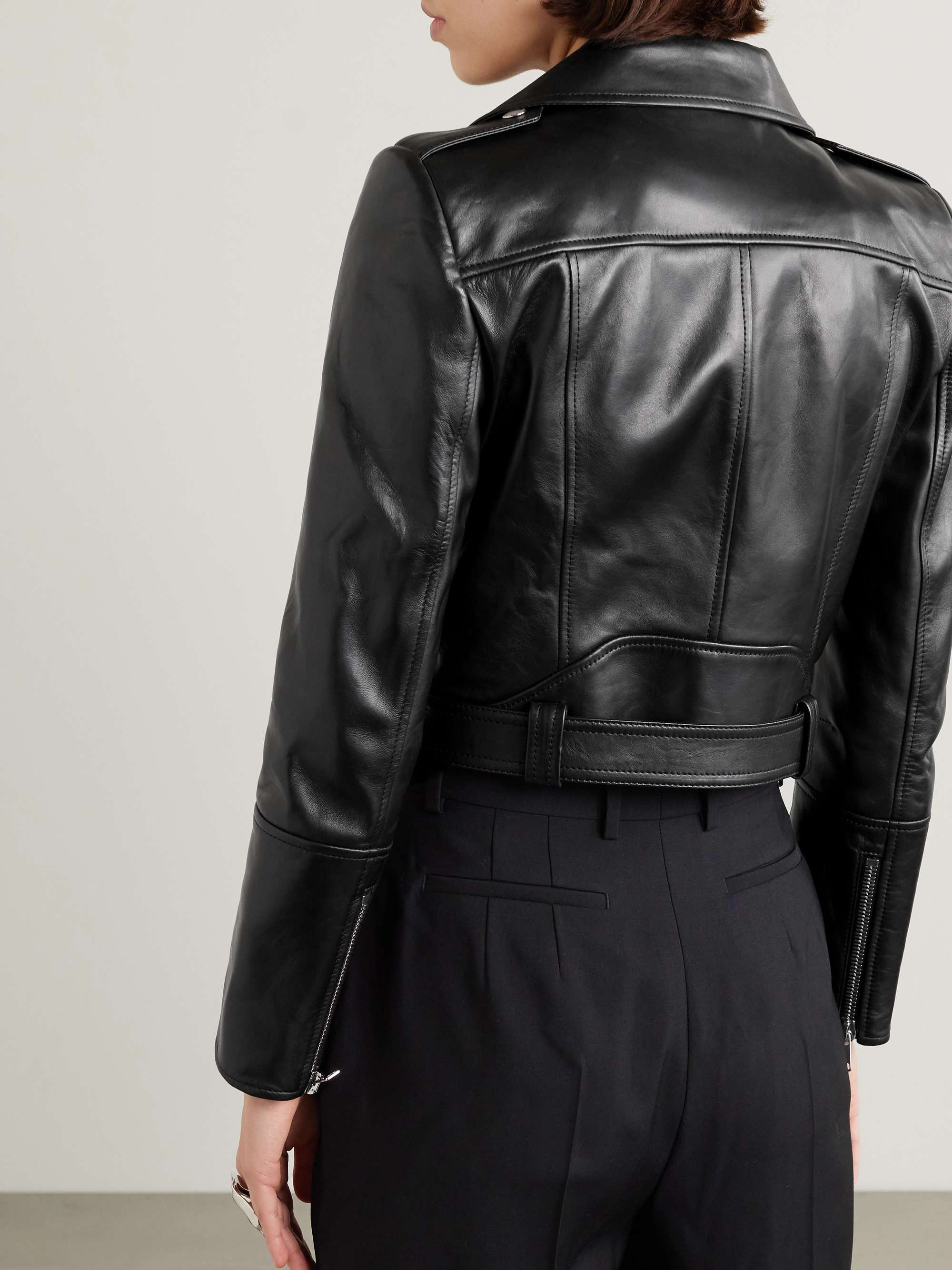 Cropped belted leather biker jacket view