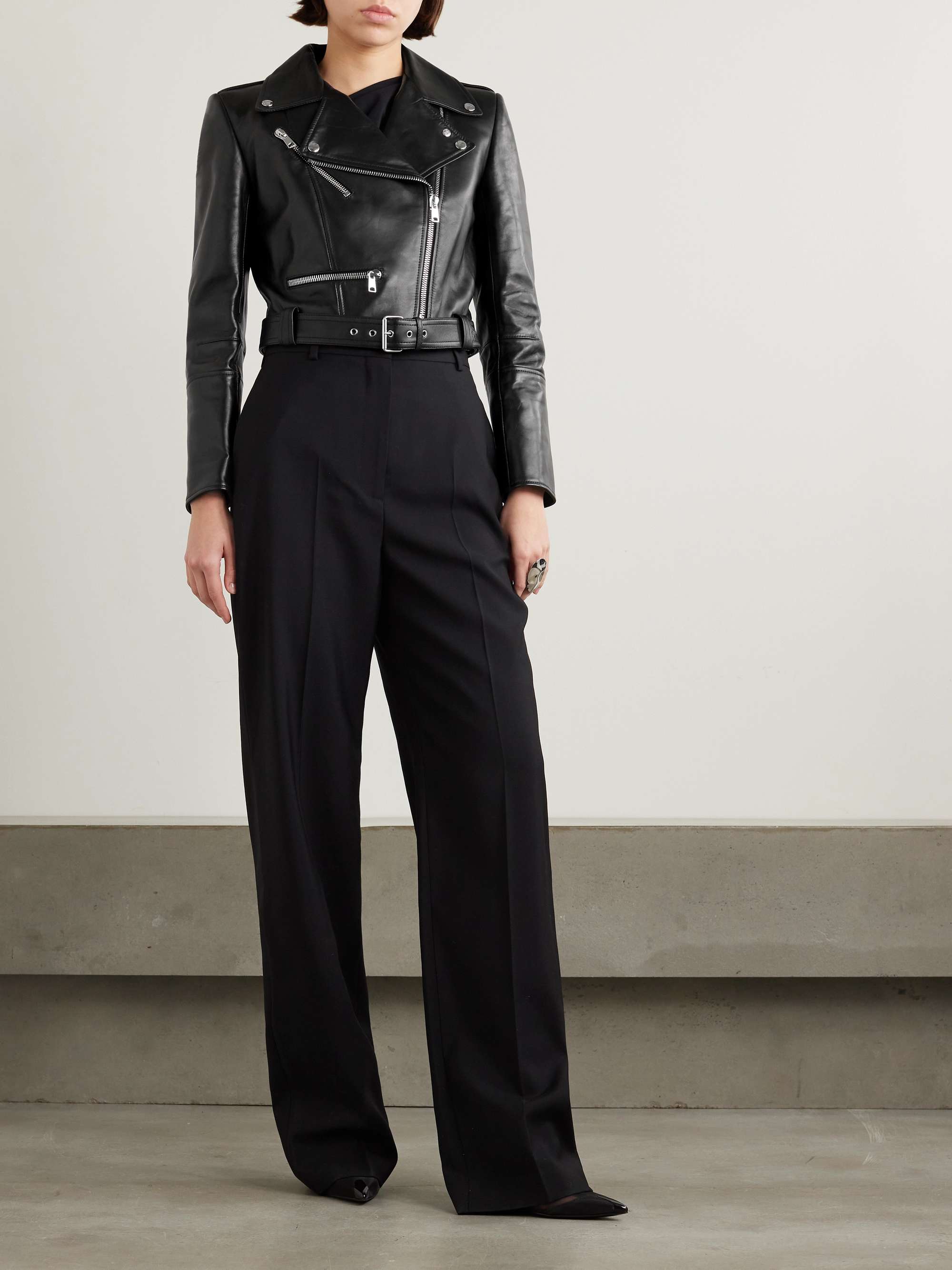 Cropped belted leather biker jacket view