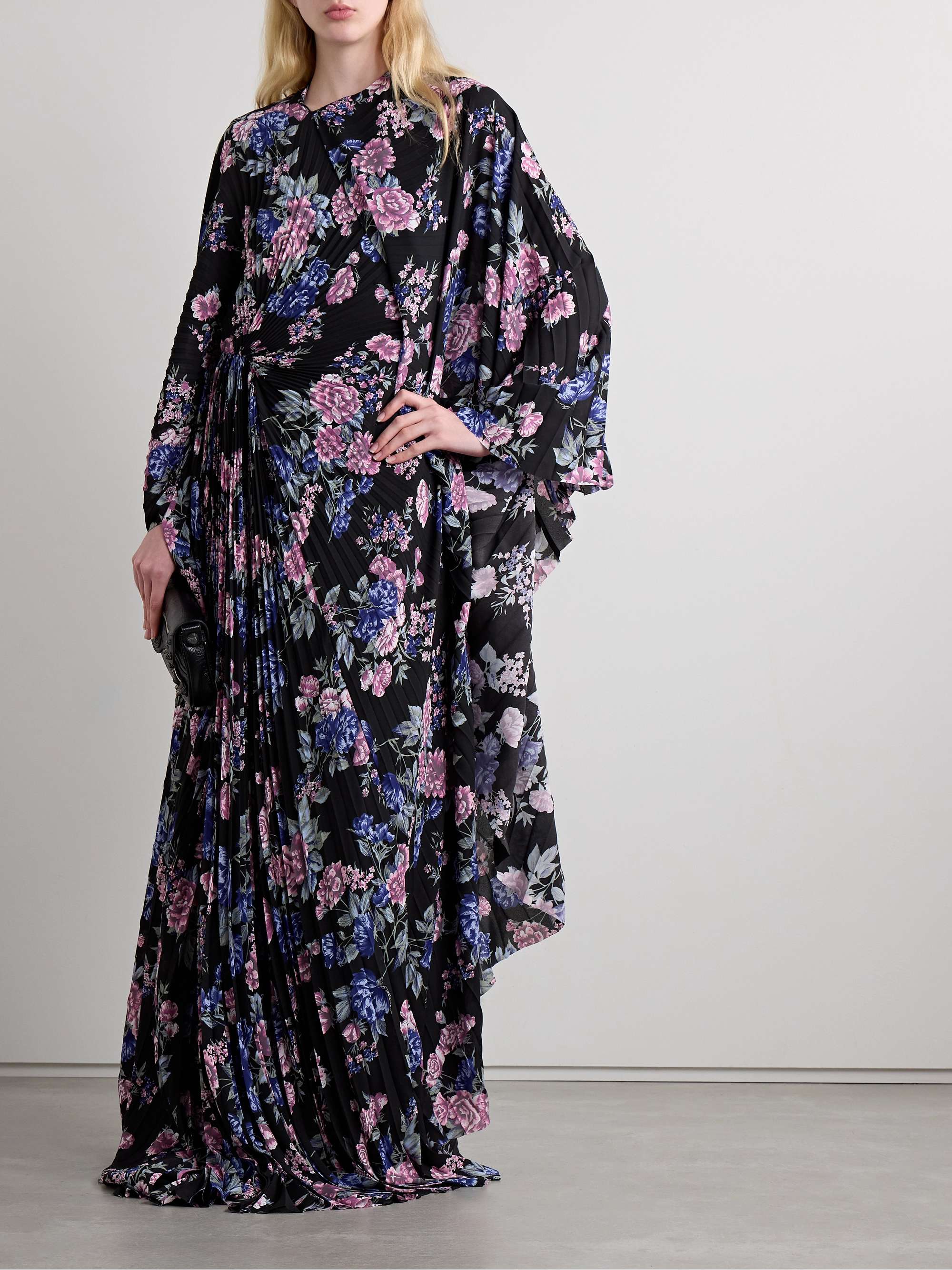 Cape-effect floral-print plissé-crepe gown view