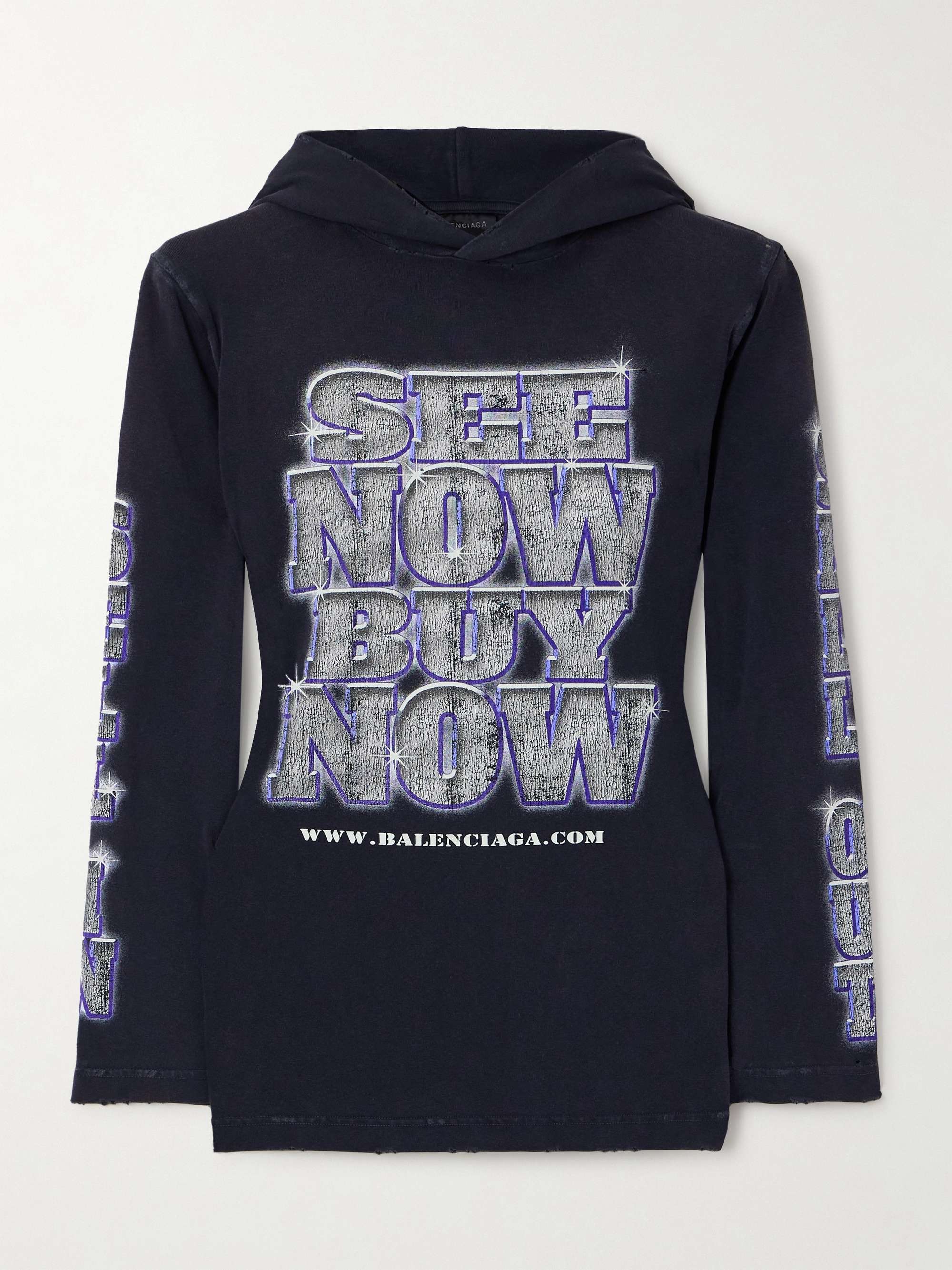 Distressed printed stretch-cotton jersey hooded T-shirt view