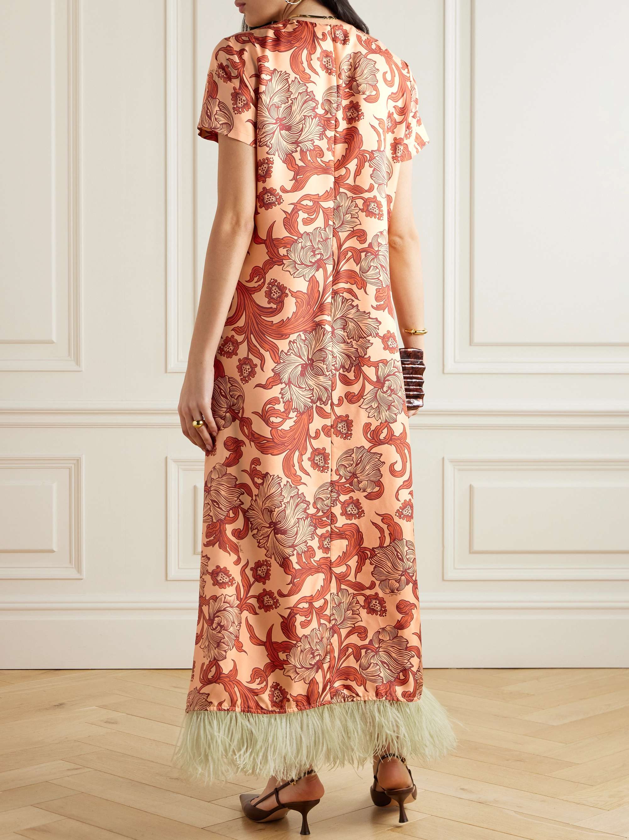 Swing feather-trimmed printed silk-twill maxi dress view