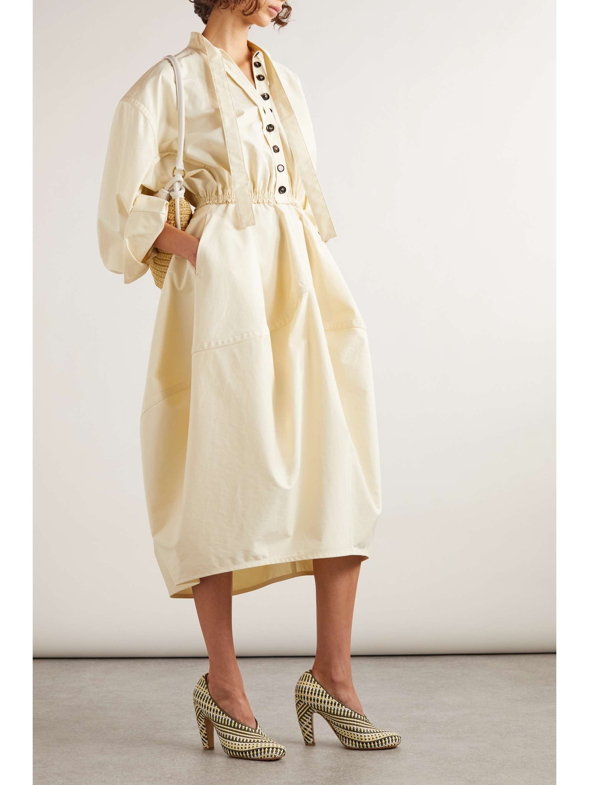 Tie-detailed gathered cotton-twill midi shirt dress view