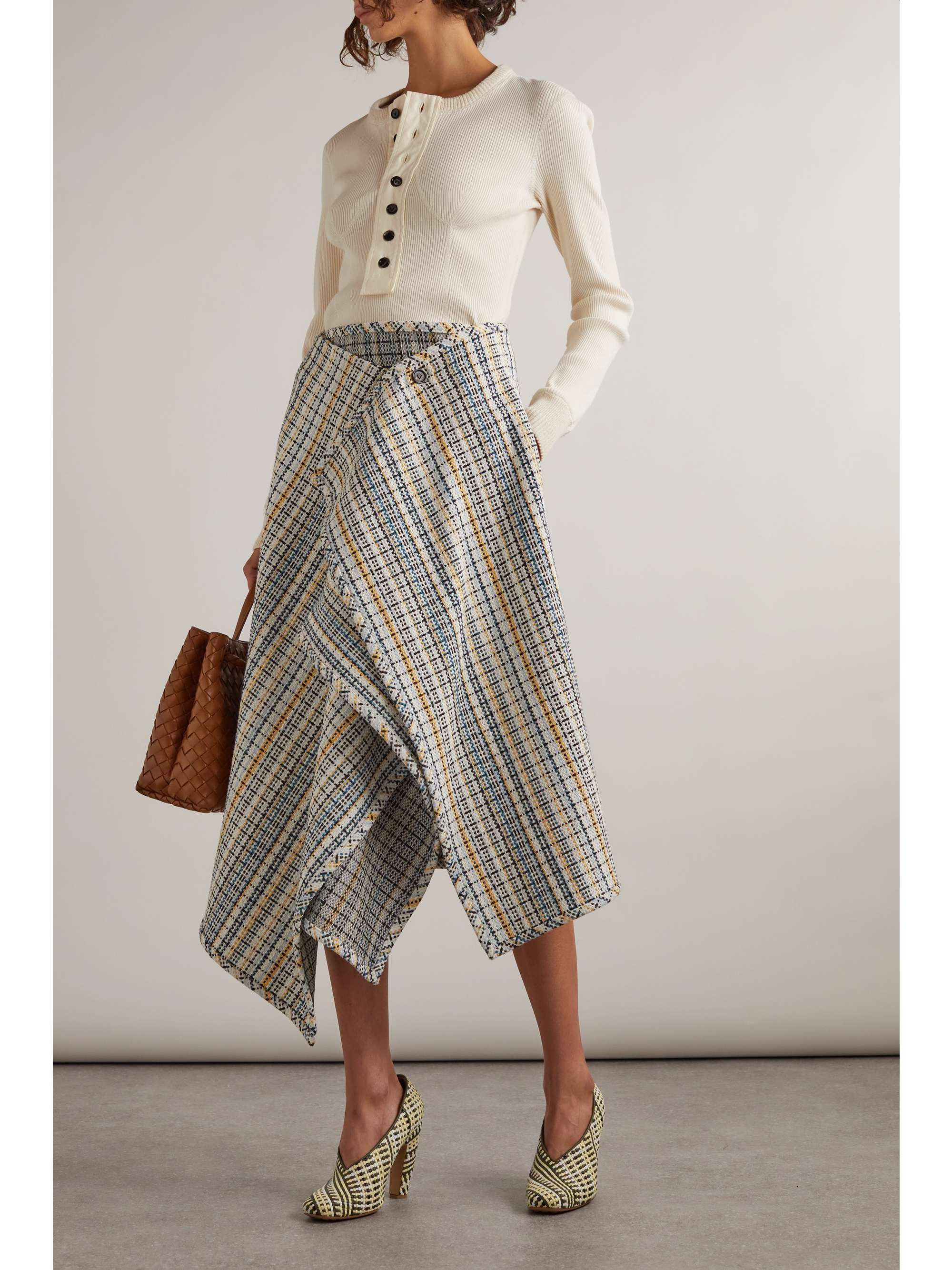 Wrap-effect checked cotton-blend tweed midi skirt view