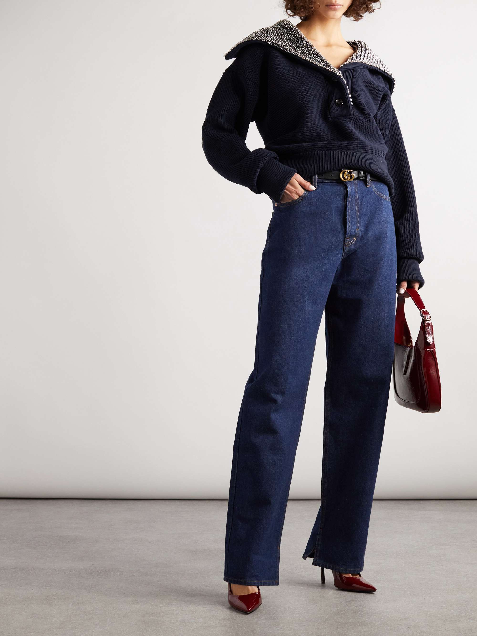 Crystal-embellished ribbed cotton-blend sweater view