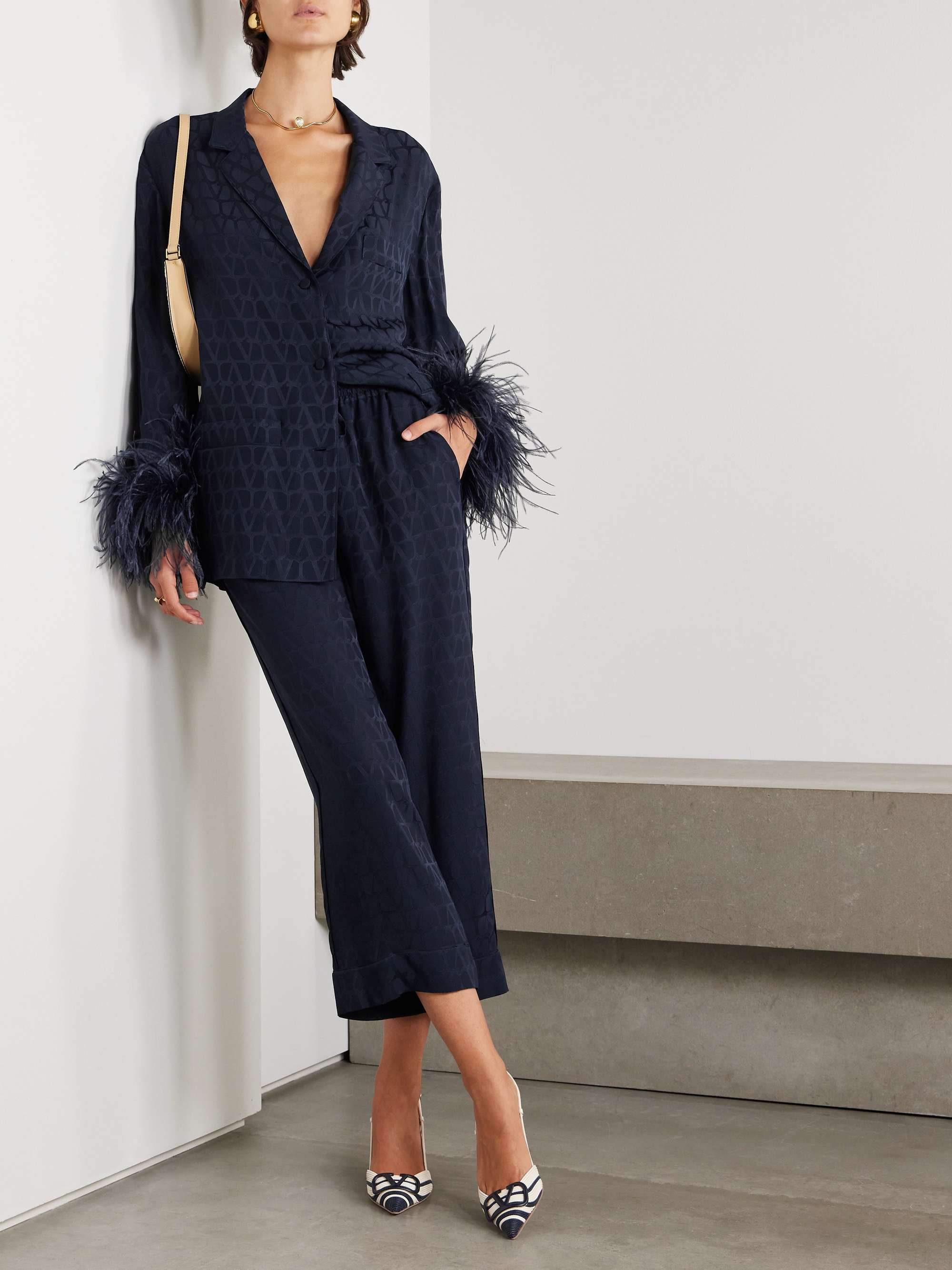 Cropped silk satin-jacquard pajama-style pants view