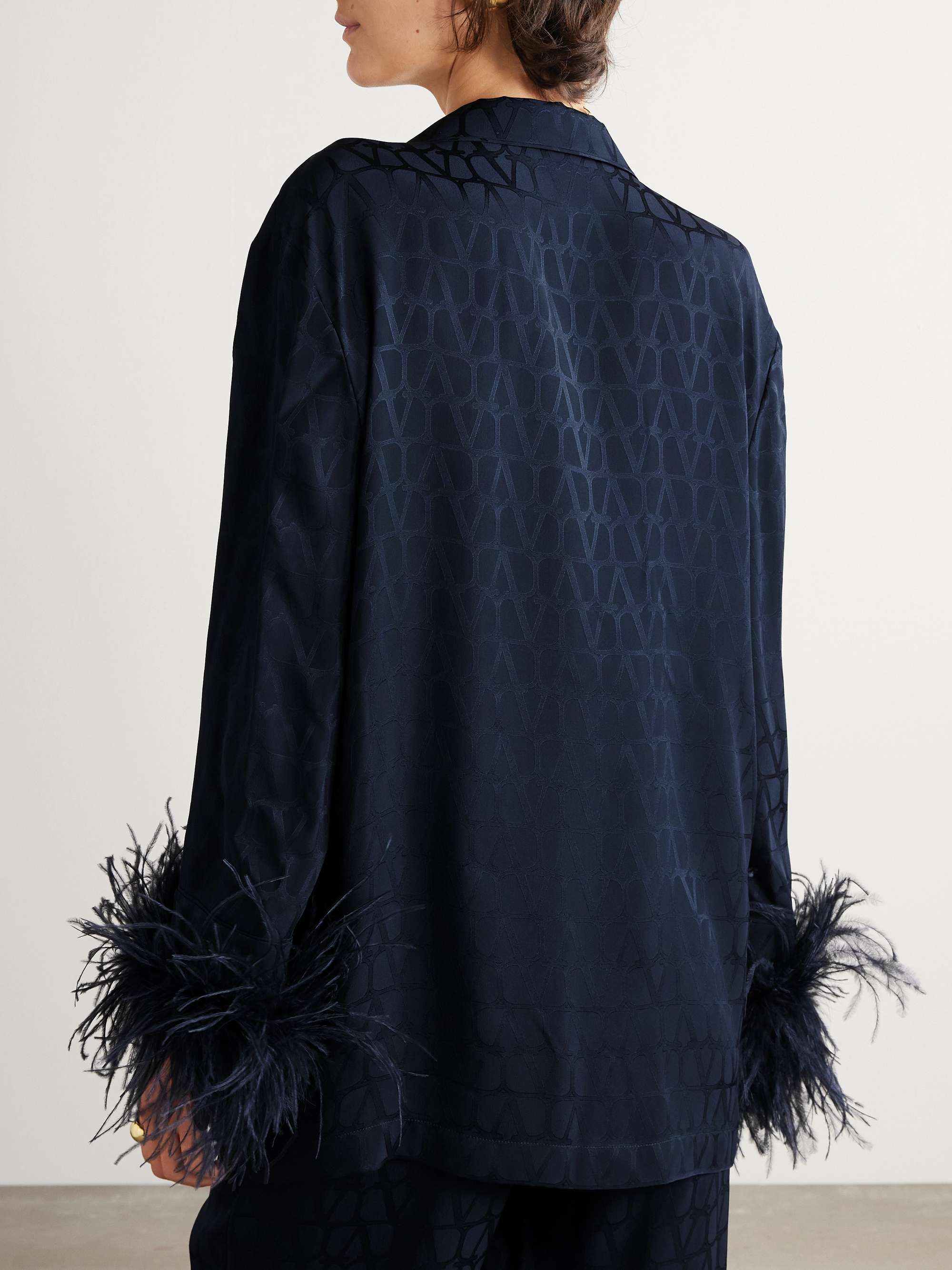 Feather-trimmed silk satin-jacquard shirt view