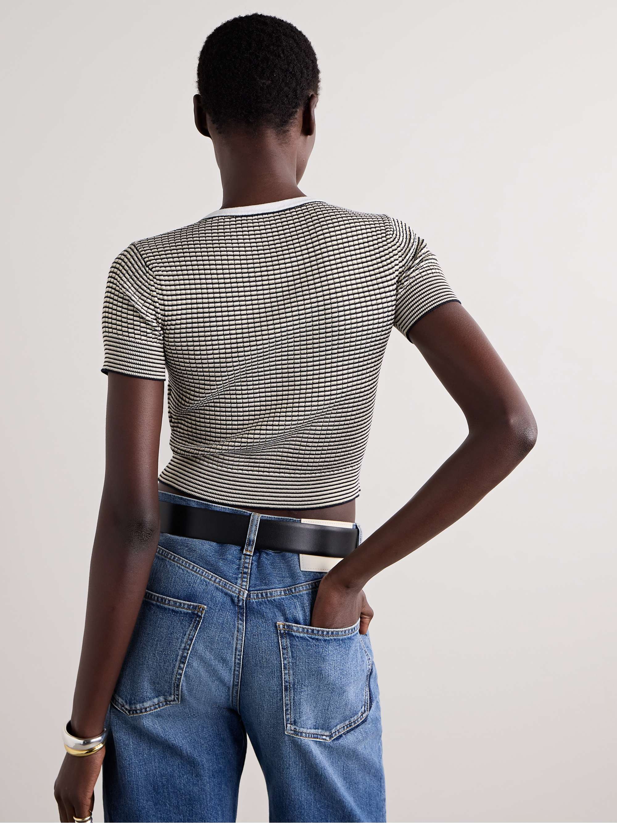 Cropped metallic striped ribbed cotton-blend top view
