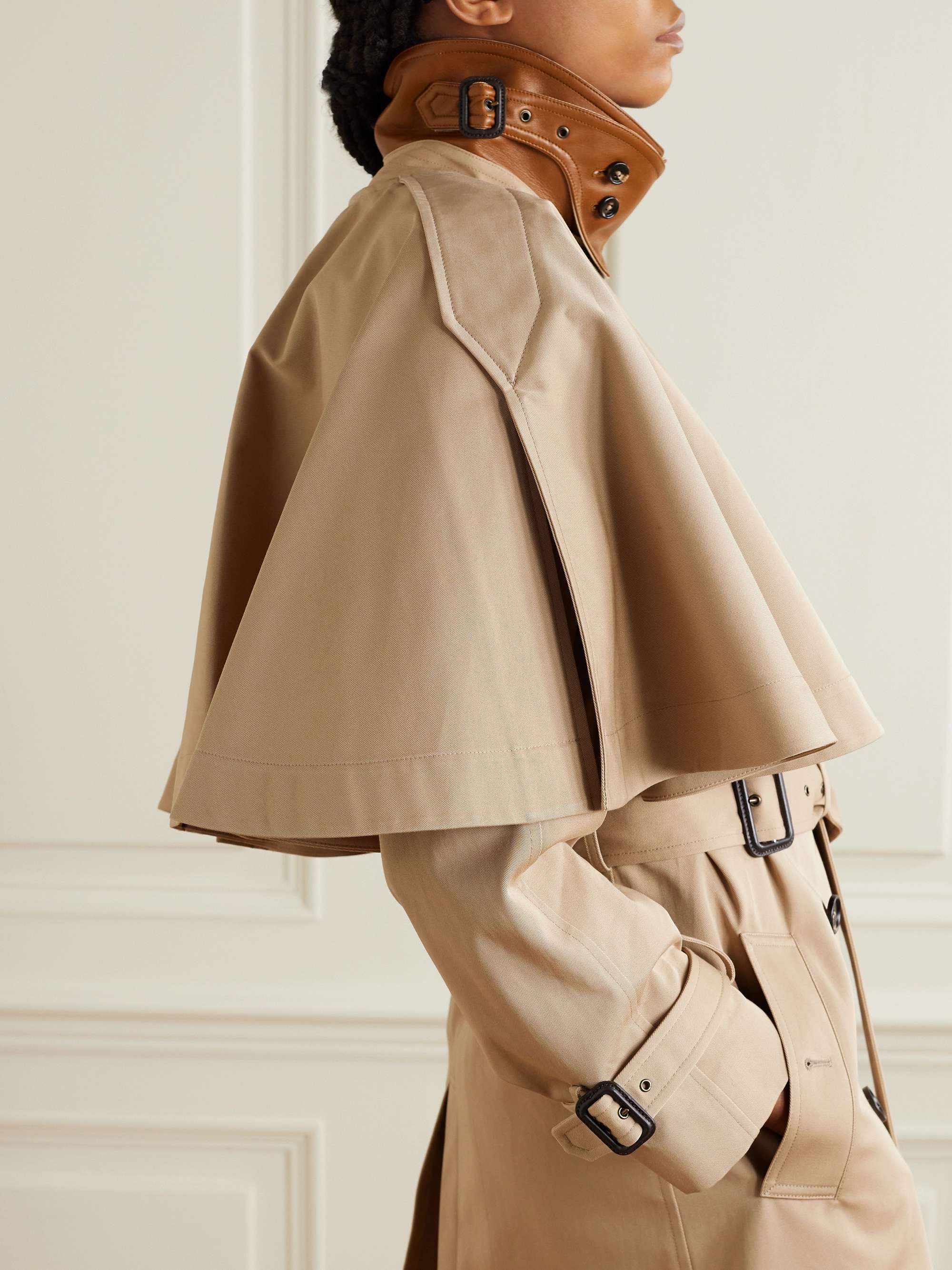 Layered leather-trimmed organic cotton-gabardine trench coat view