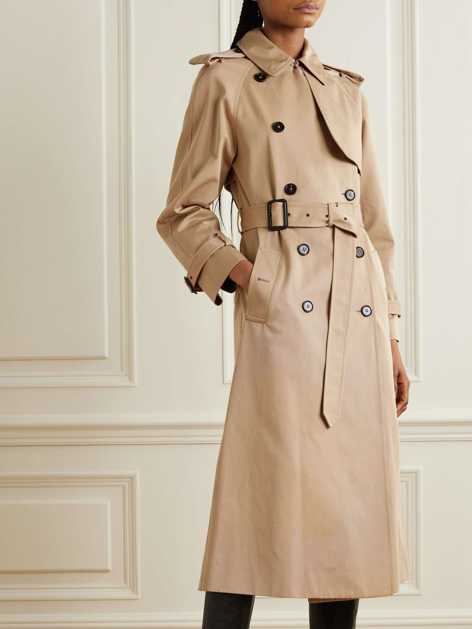 Layered leather-trimmed organic cotton-gabardine trench coat view