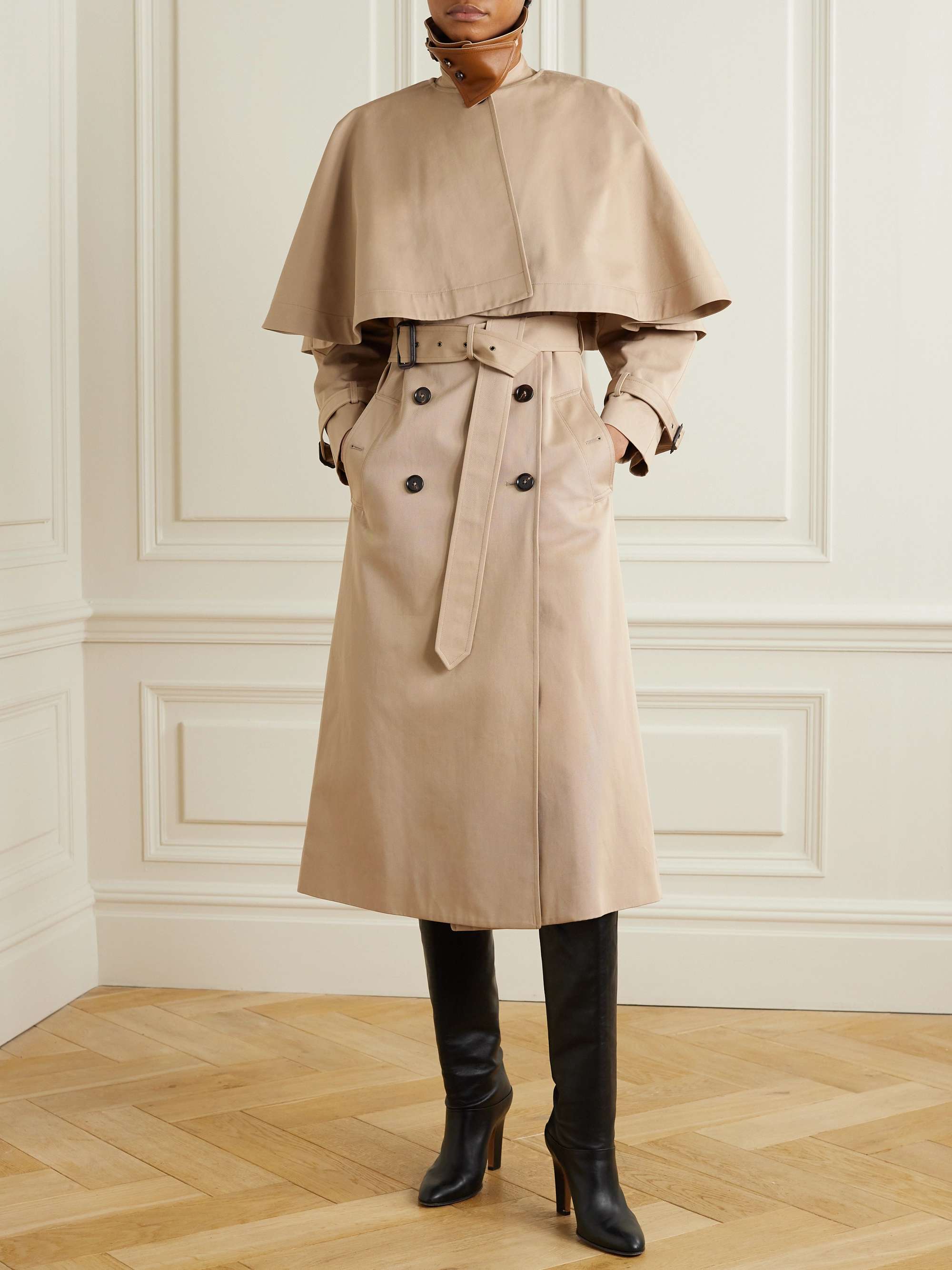 Layered leather-trimmed organic cotton-gabardine trench coat view