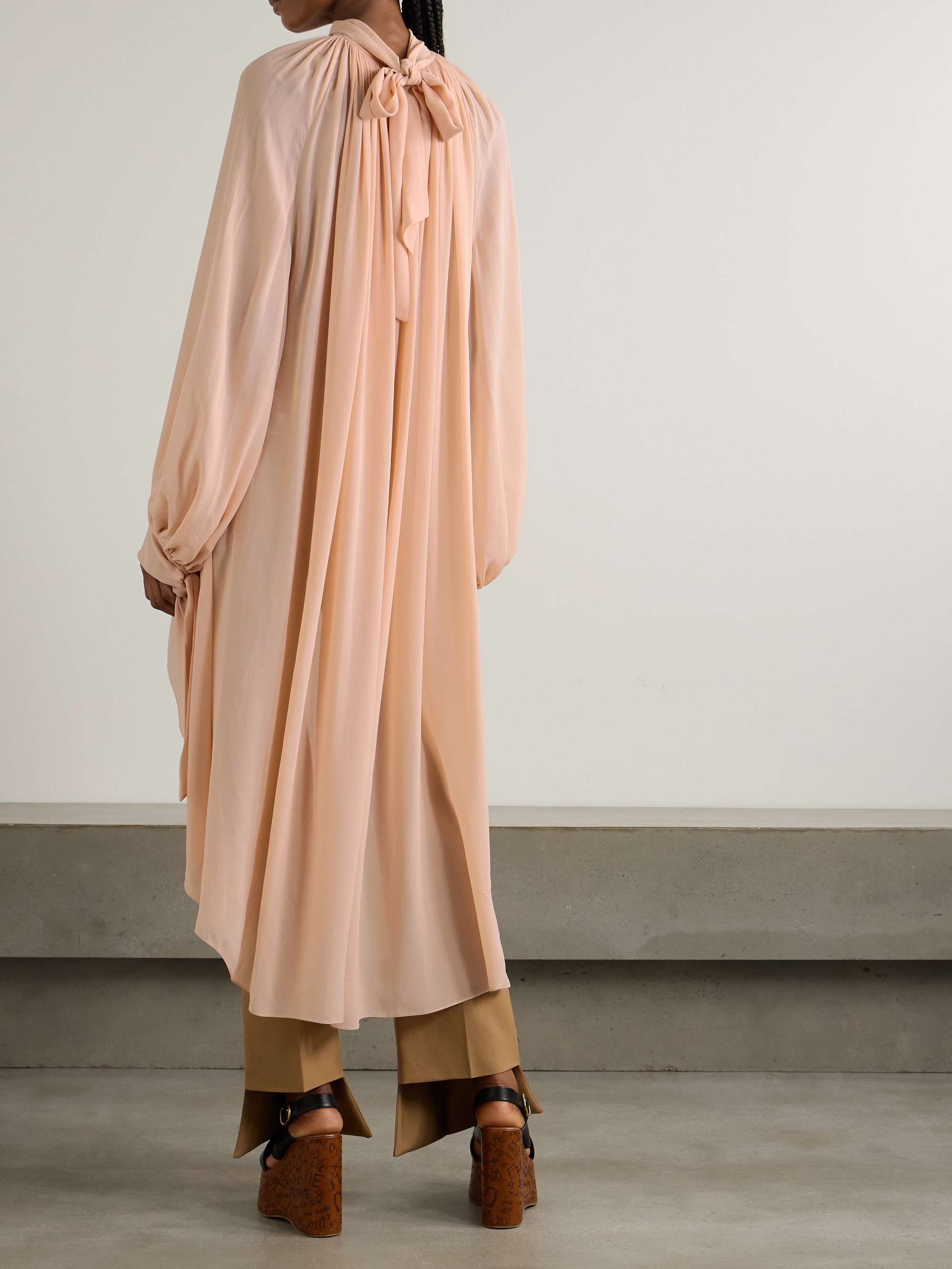 Wrap-effect asymmetric gathered silk-georgette turtleneck midi dress view