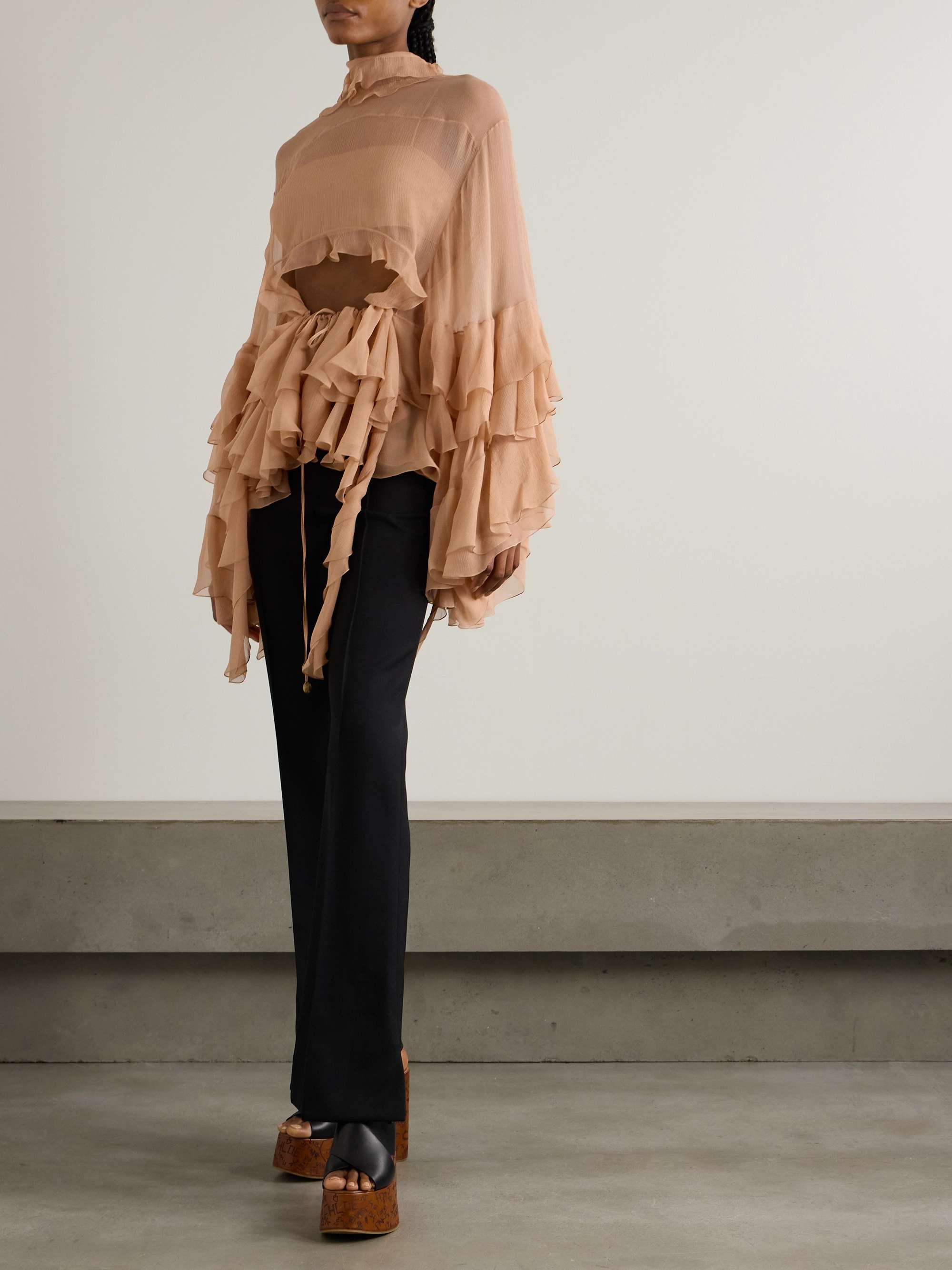 Cutout ruffled silk-crepon turtleneck blouse view