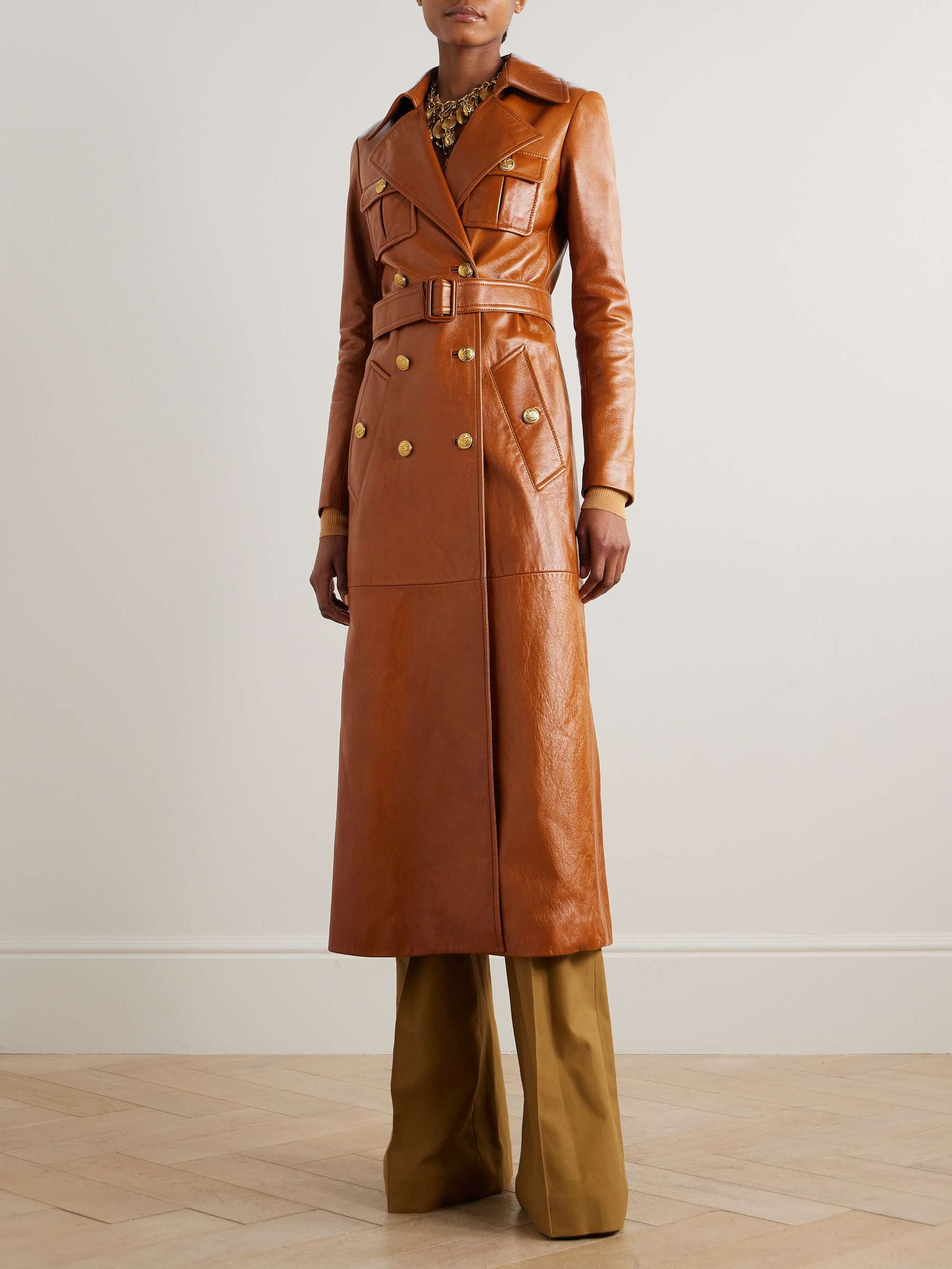 Leather double-breasted trench coat view