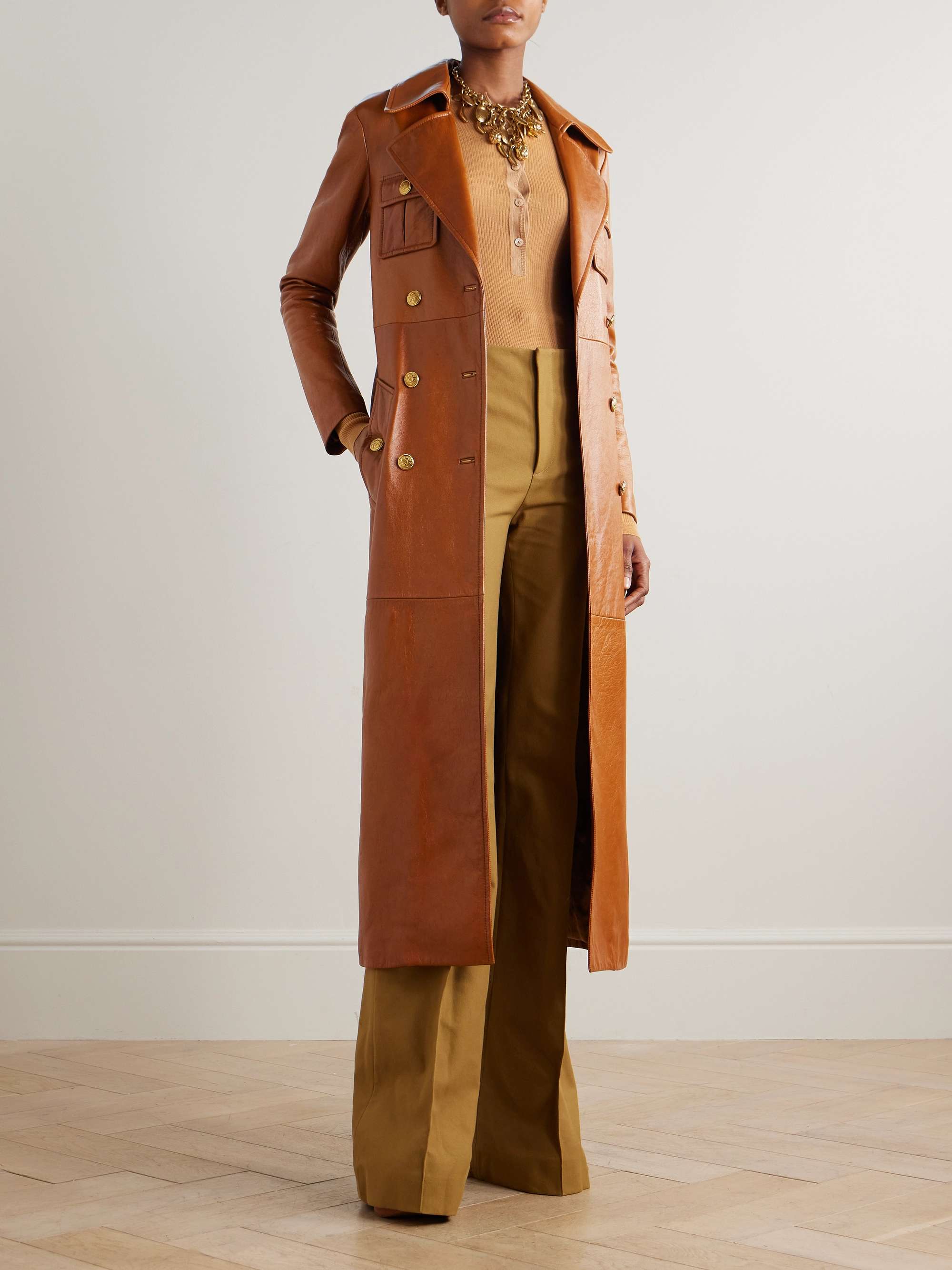 Leather double-breasted trench coat view