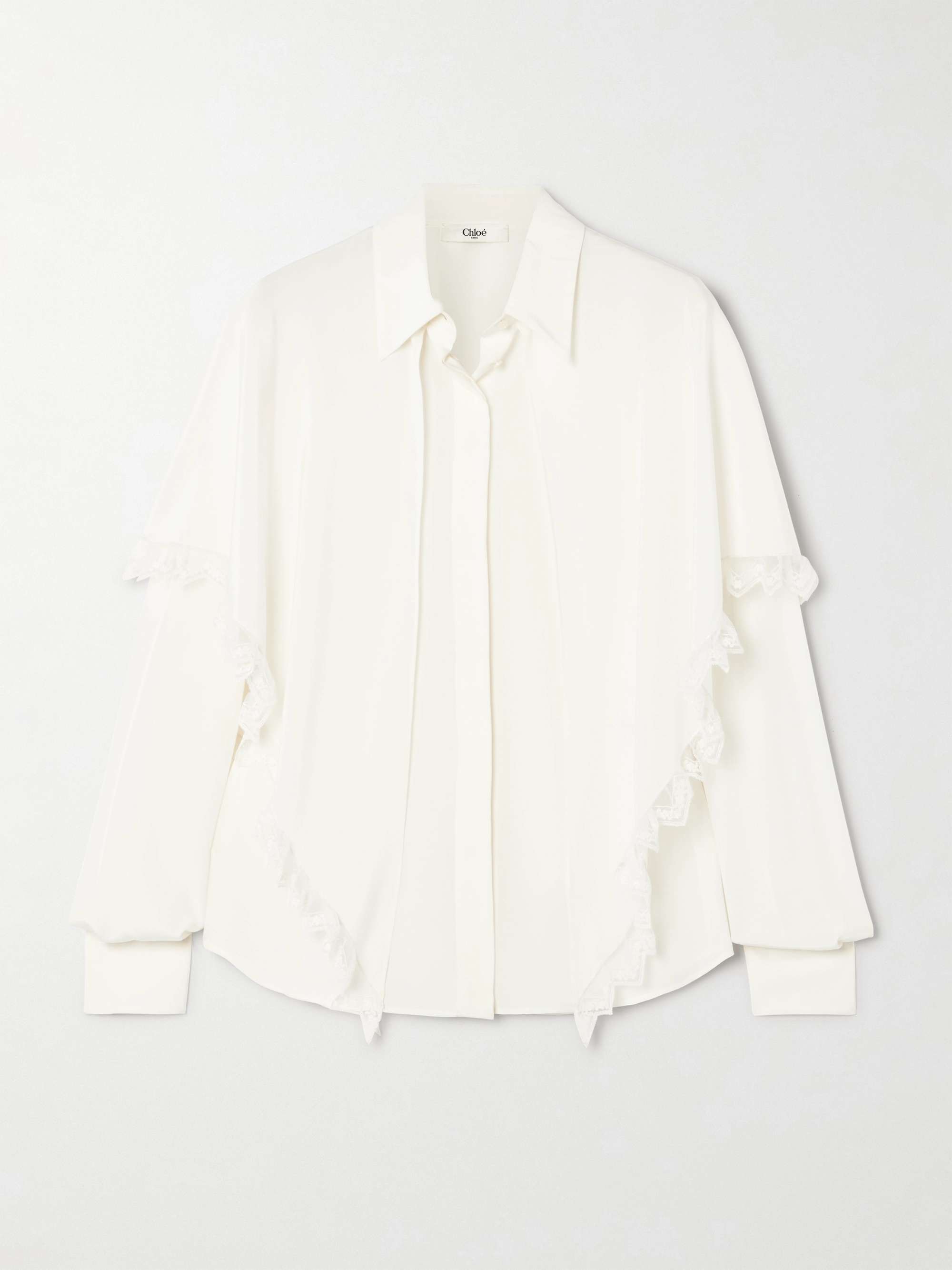 Lace-trimmed draped layered silk-crepe de chine shirt view