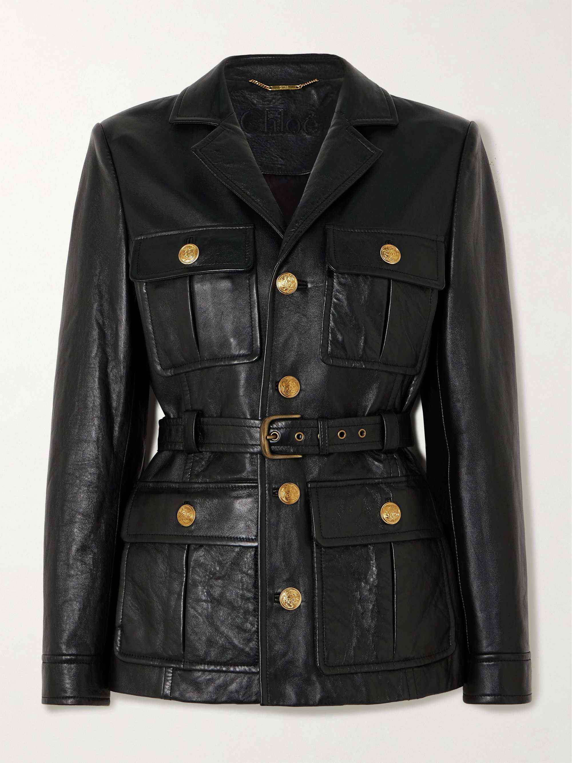 Belted glossed textured-leather jacket view