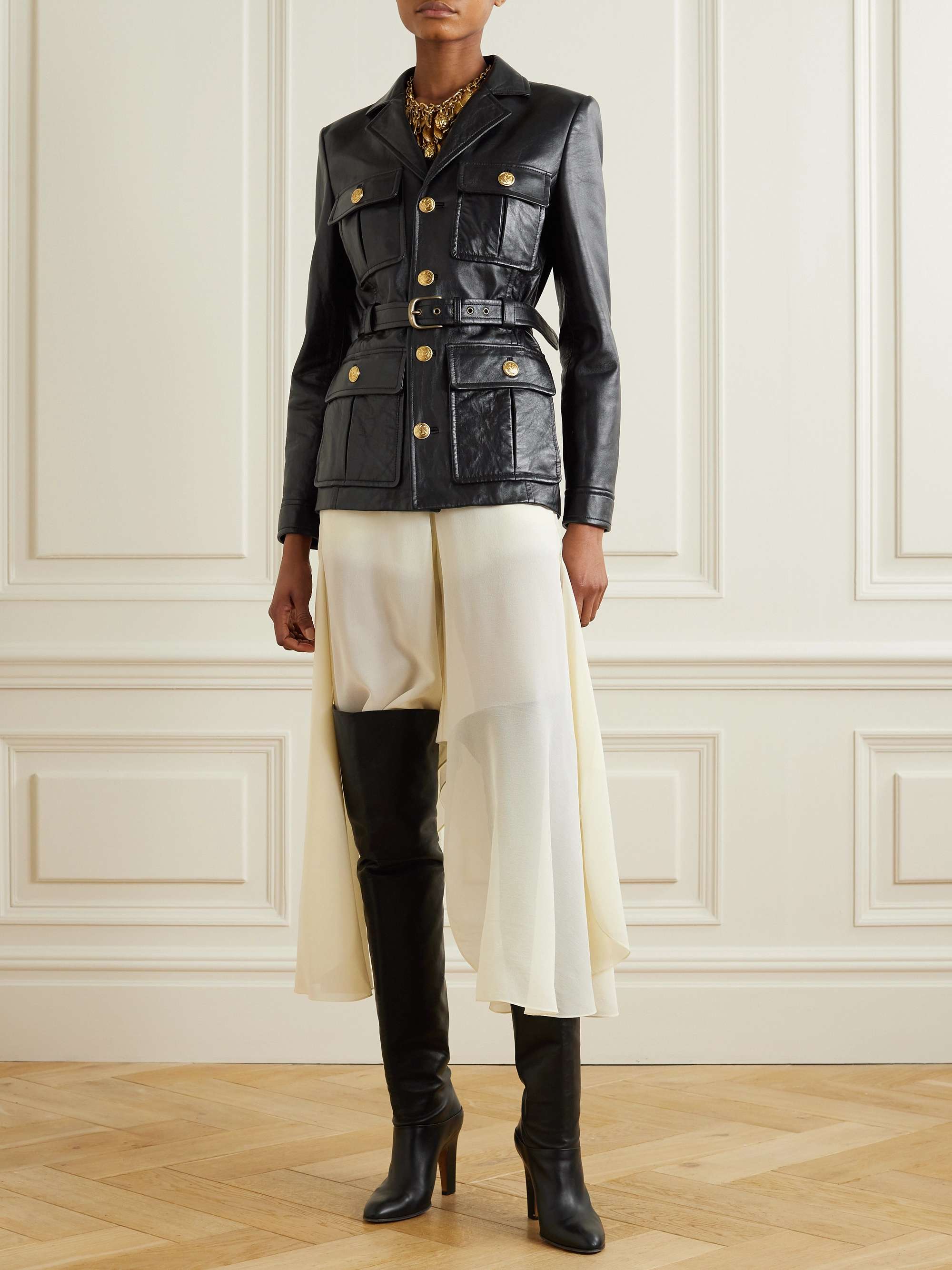 Belted glossed textured-leather jacket view