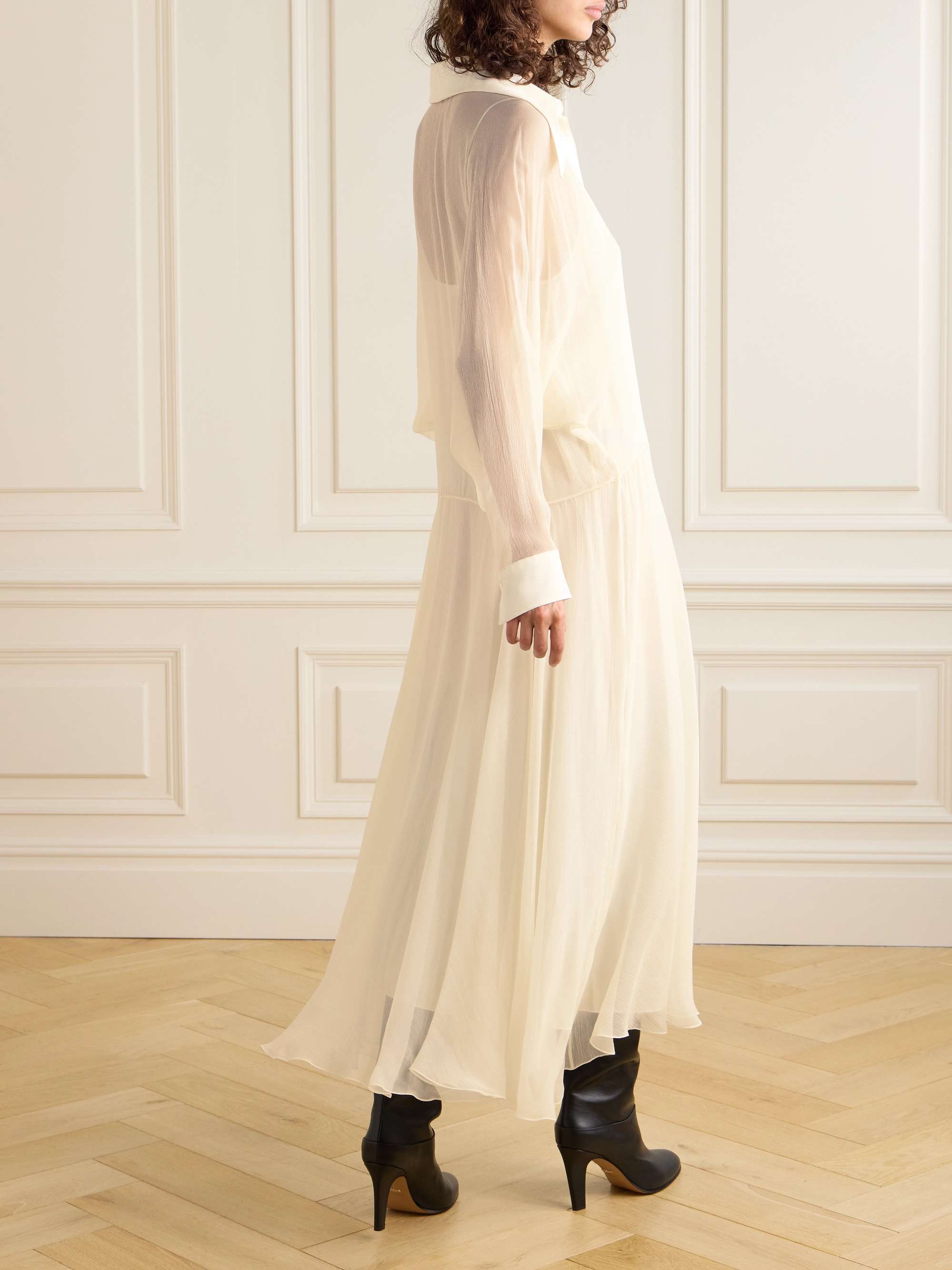 Pleated organic silk-mousseline midi shirt dress view
