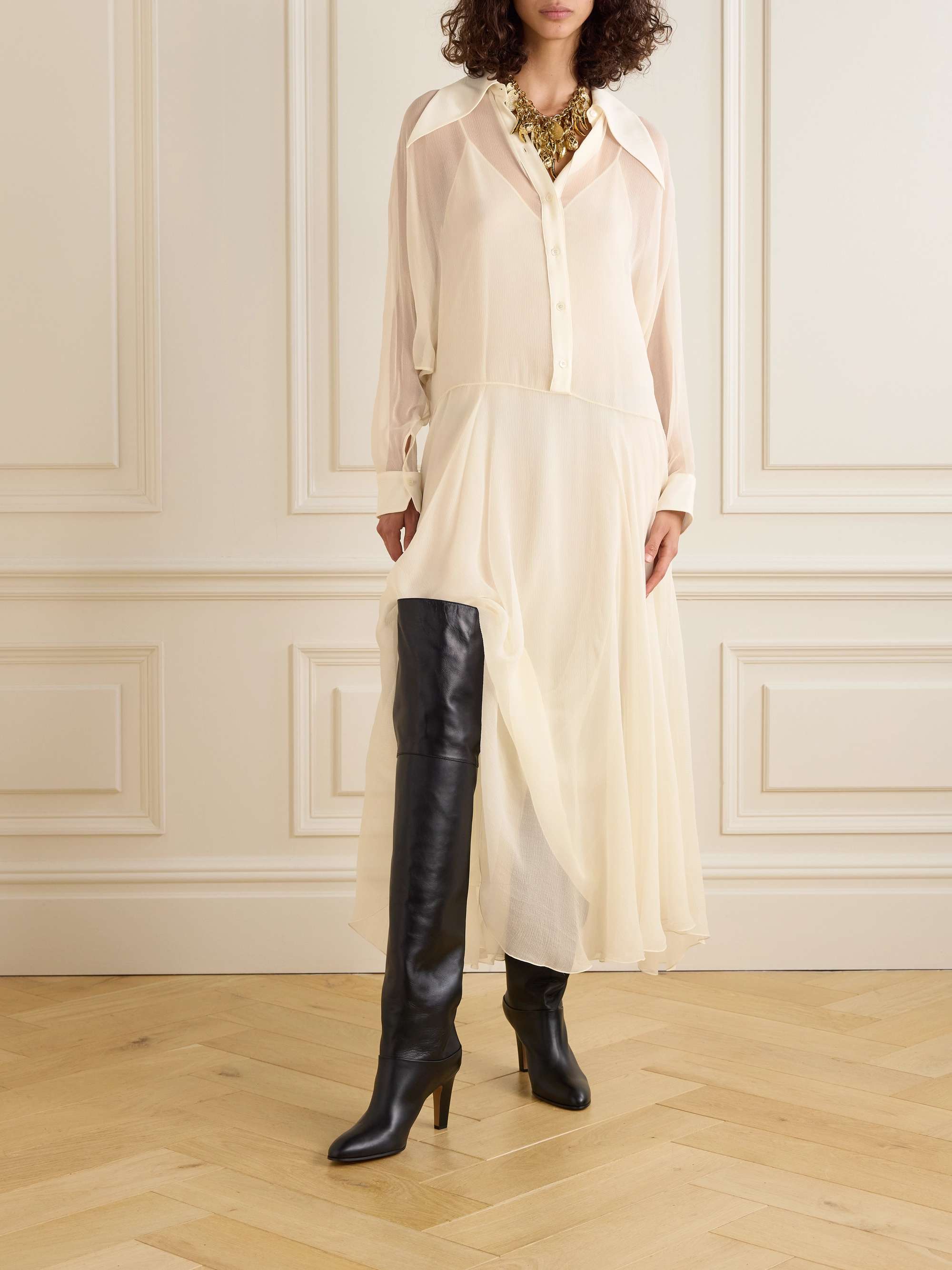 Pleated organic silk-mousseline midi shirt dress view