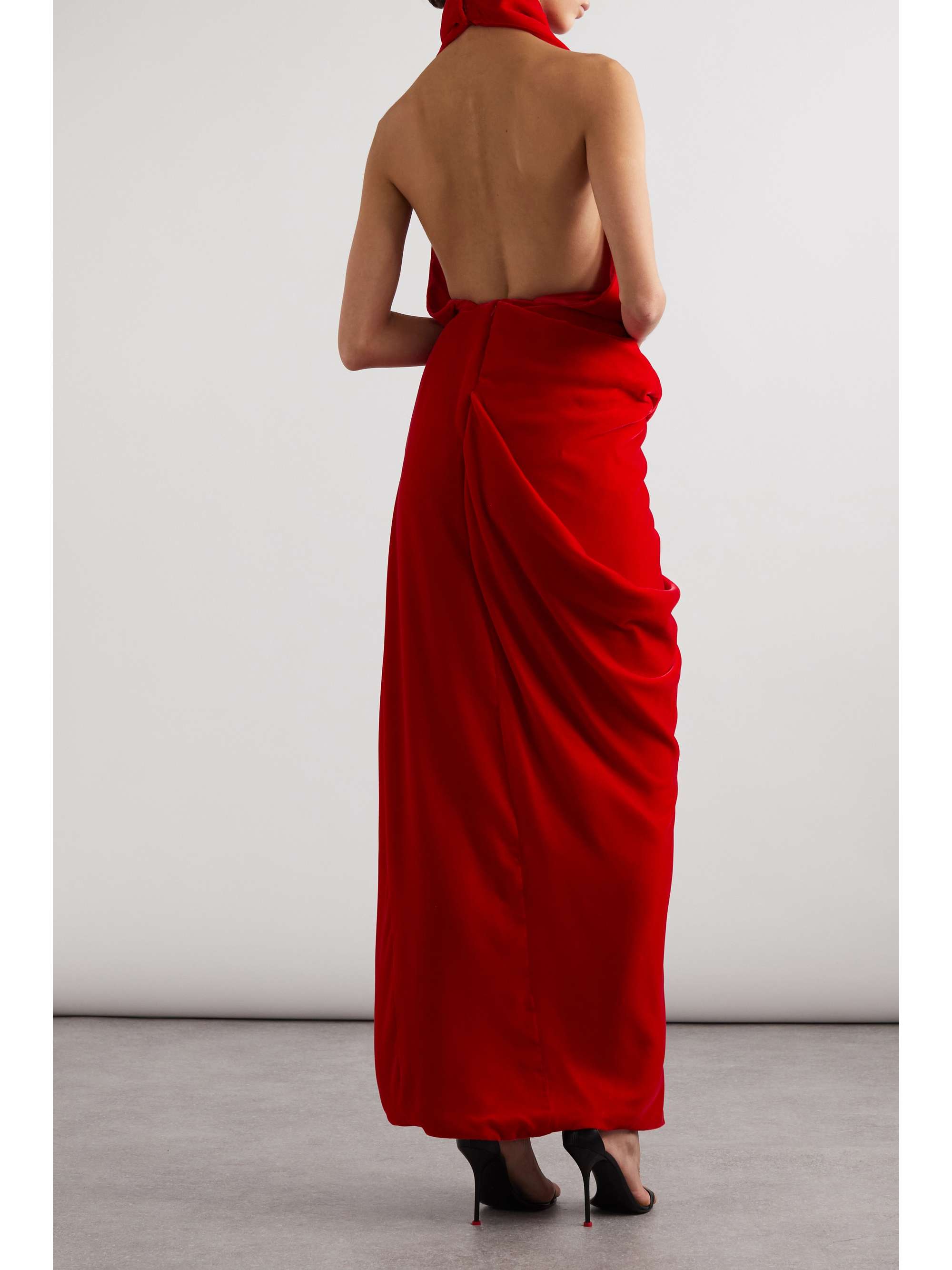Open-back draped velvet halterneck maxi dress view
