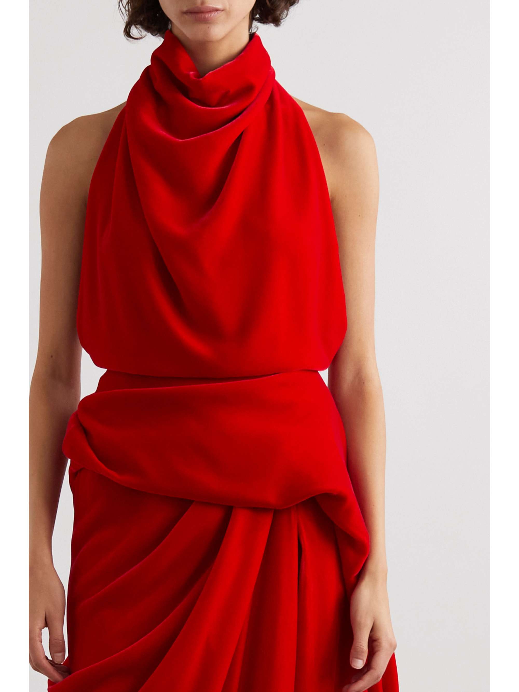 Open-back draped velvet halterneck maxi dress view