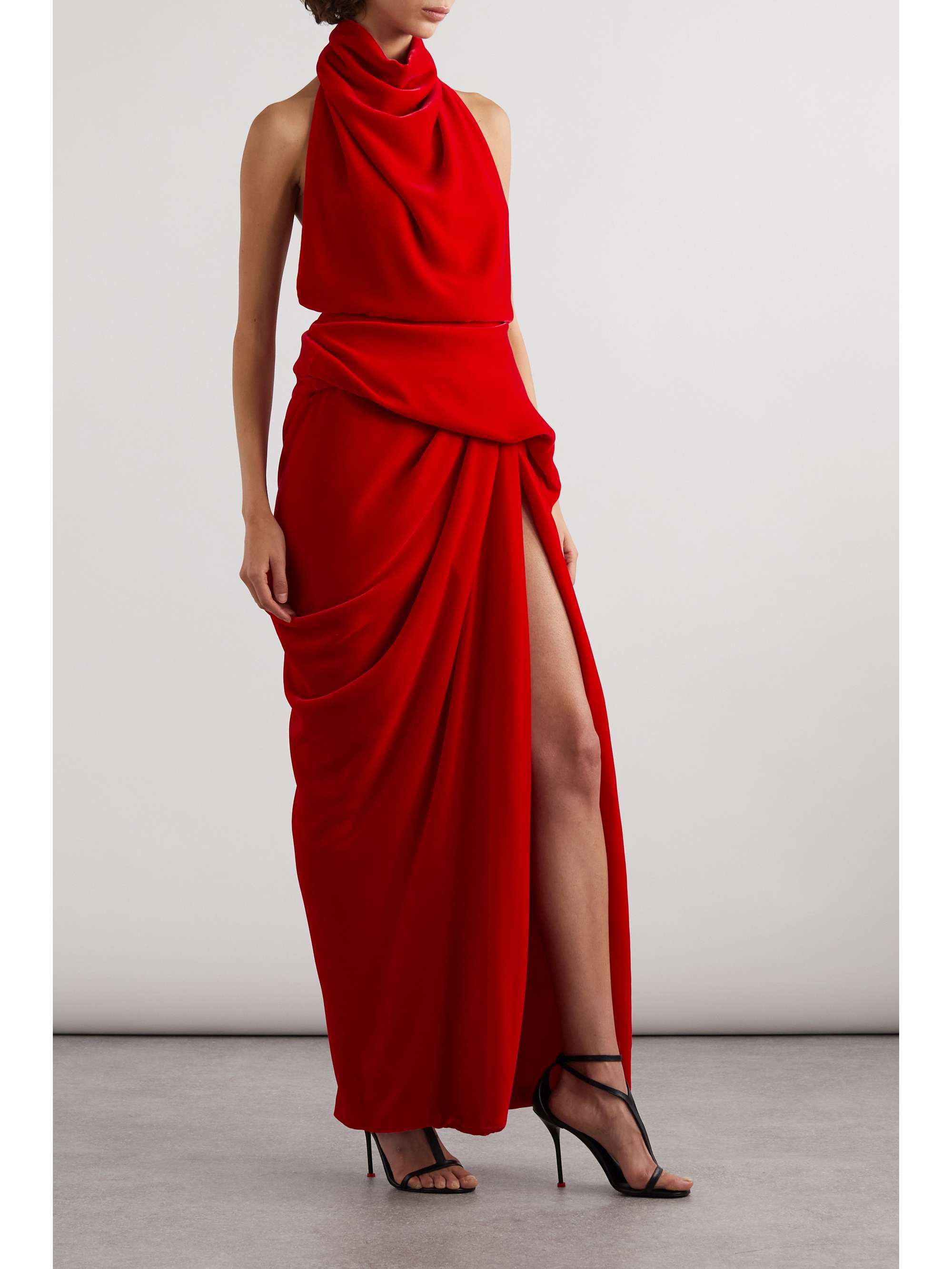 Open-back draped velvet halterneck maxi dress view