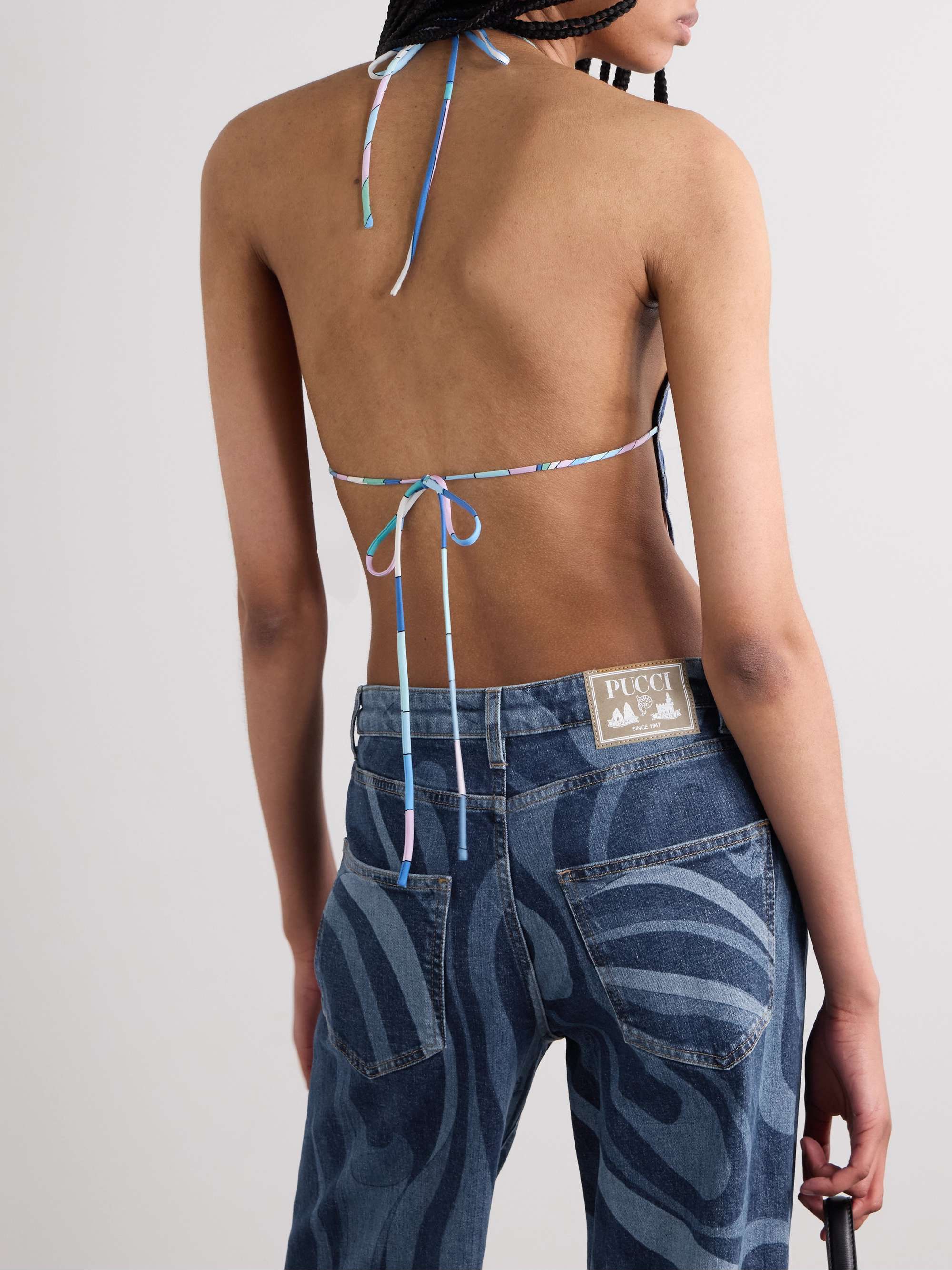 Cropped printed denim halterneck top view