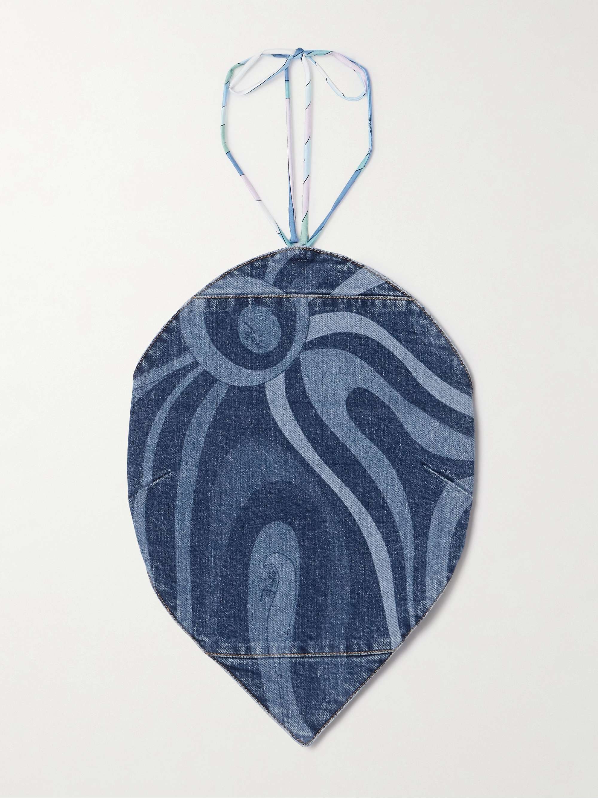 Cropped printed denim halterneck top view