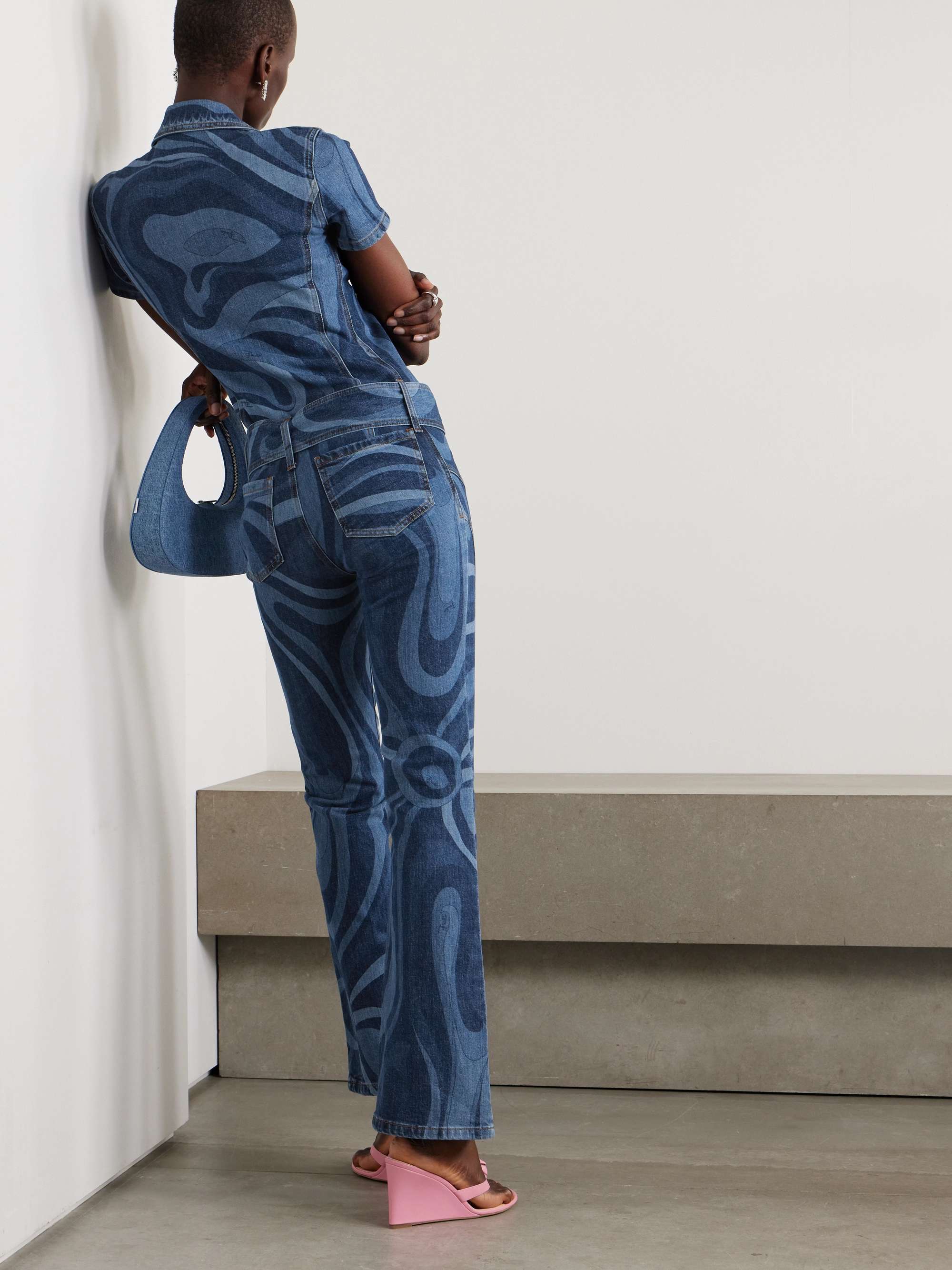 Belted printed denim jumpsuit view