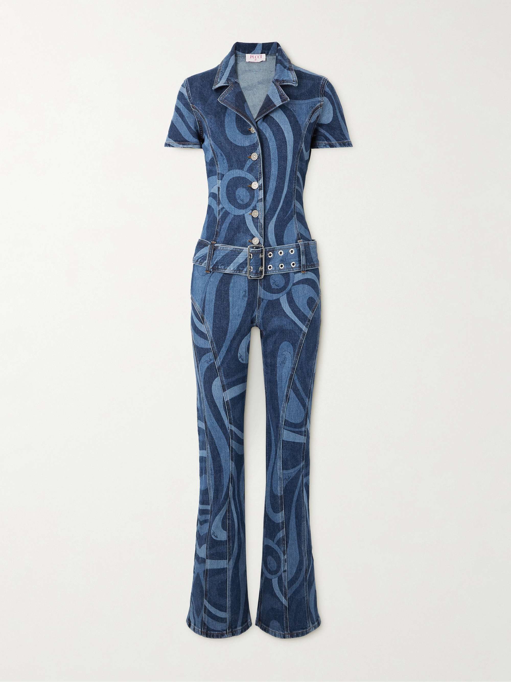 Belted printed denim jumpsuit view