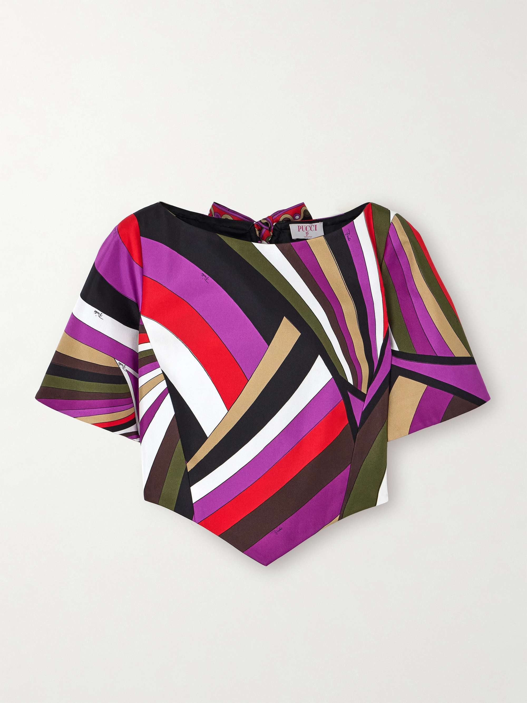 Asymmetric cropped printed silk-twill blouse view